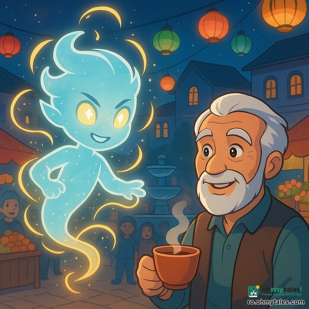 Un mic spirit luminos, Eon, plutește în aer, cu un corp translucid și strălucitor, ochii săi strălucind ca stelele. Are o expresie hotărâtă și veselă, înconjurat de fire de lumină aurie. Lângă el, bătrânul vânzător de ceai, Eder, un bărbat cu părul alb și barba îngrijită, zâmbește cald, ținând o cană de ceai fumegând, ochii săi strălucind de recunoștință. În fundal, piața animată de la Fantana Albastră este plină de lampioane colorate, standuri cu fructe și flori, iluminată de o lumină nocturnă blândă, creând o atmosferă magică și primitoare. Situația principală arată cum Eon își folosește magia pentru a face lumina să strălucească în jurul său, alungând umbrele amenințătoare care se apropie, în timp ce locuitorii pieței privesc cu uimire.