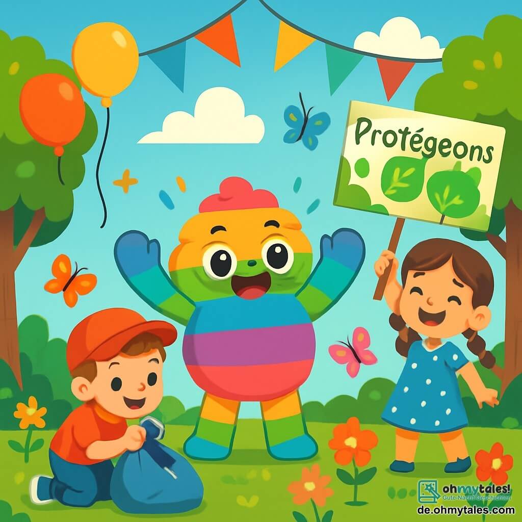 Fluffi, ein niedlicher, bunten Plüschcharakter in Regenbogenfarben, mit einem fröhlichen Lächeln und funkelnden Augen, steht im Zentrum des Parks und hebt die Arme zur Feier. Er ist umgeben von leuchtenden Blumen und großen, grünen Bäumen. Rechts von ihm steht Mia, ein kleines Mädchen mit geflochtenen braunen Haaren, in einem blauen gepunkteten Kleid, das strahlend lächelt und ein buntes Schild mit der Aufschrift "Schützen wir die Natur!" hält. Links von ihm ist Max, ein Junge mit roten Haaren und einer roten Mütze, der entschlossen und begeistert Müll mit einem großen Plastiksack sammelt. Der Park ist voller bunter Blumen, schwirrenden Schmetterlingen und Kinderlachen, unter einem hellblauen Himmel mit einigen fluffigen weißen Wolken. Die Hauptsituation zeigt Fluffi und die Kinder, die ihren Erfolg nach der Reinigung des Parks feiern, umgeben von Ballons und Girlanden, was eine festliche und fröhliche Atmosphäre schafft.