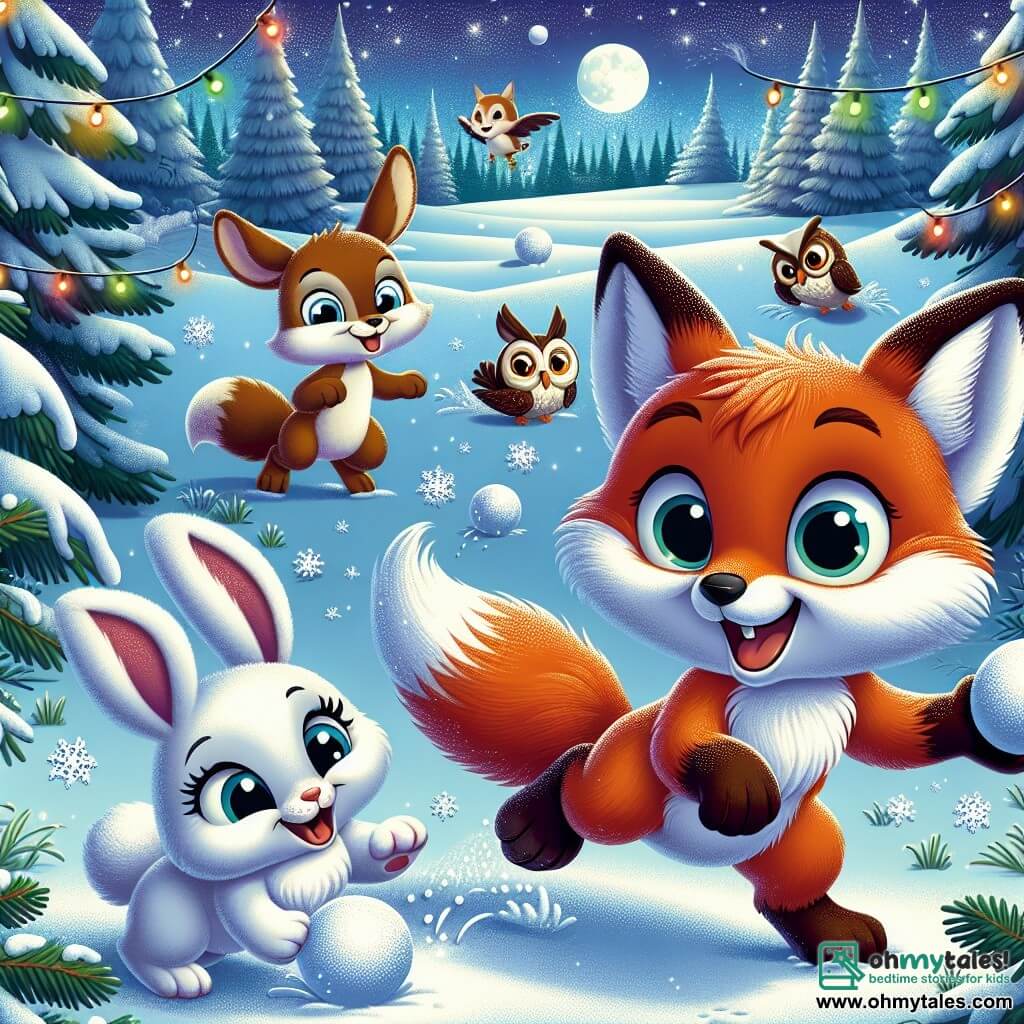Flurry the Fox, a small fox with reddish fur and a bushy tail, is at the center of the scene, his eyes sparkling with excitement and a big smile on his face. He is throwing a snowball towards his friends, his body in motion, ready to have fun. Next to him, Bella the Rabbit, with her white fur and large ears, is joyfully hopping, laughing heartily. She holds a snowball in her front paws, ready to join the snowball fight. In the background, Ollie the Owl, with his brown feathers and big round eyes, watches the scene with an amused smile, perched on a tree branch. He seems proud of his friends and ready to join in the fun. The setting is an enchanted clearing surrounded by tall snow-covered fir trees under a starry sky where the moon shines brightly. Colorful string lights illuminate the scene, creating a festive and magical atmosphere. The main situation shows Flurry and his friends in the midst of a snowball fight, laughing and having fun together, joyfully celebrating the New Year in a spirit of camaraderie and happiness.