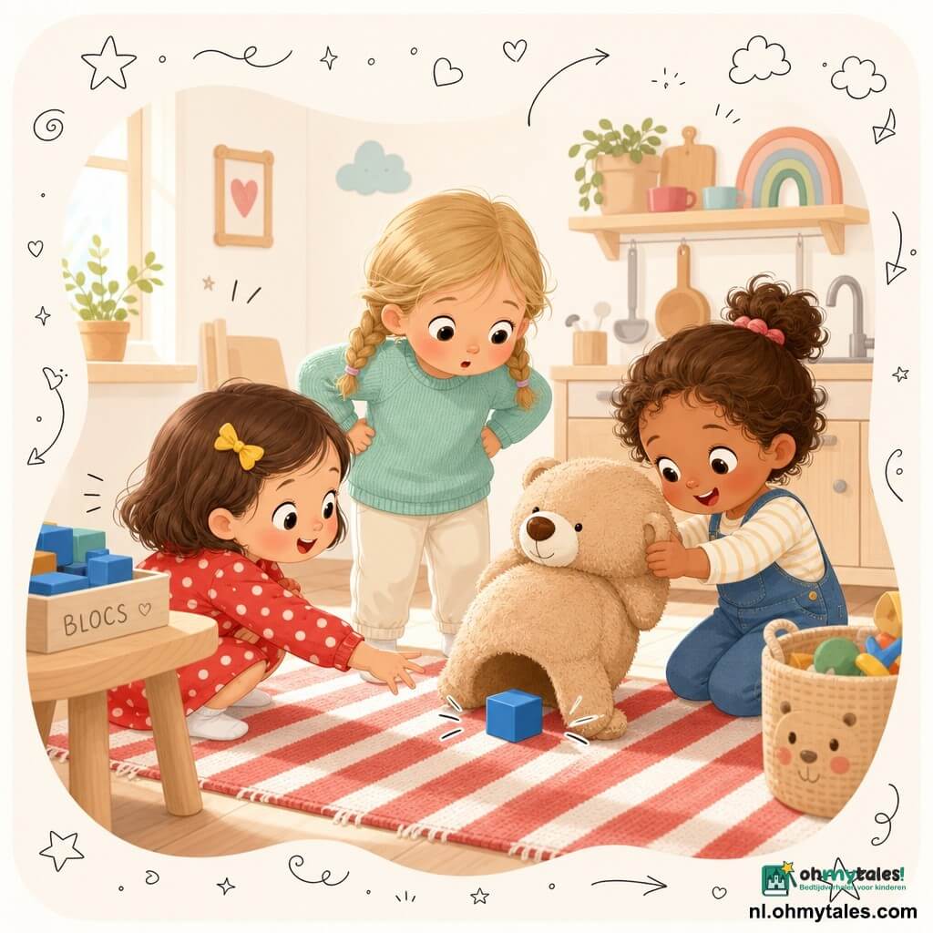 Drie meisjes van 3 jaar: Mila, kort bruin haar met een geel haarspeldje, rood jurkje met witte stippen, links gehurkt reikend naar een klein blauw blokje; Noor, blond met vlechten, muntgroene trui, middenstaand met handen in de zij en nieuwsgierige blik; Saar, kastanjebruin krullend haar, blauwe tuinbroek, rechts terwijl ze zacht een grote beige knuffelbeer optilt om het blok te tonen. Ruimte: lichte, gezellige speelkeuken met licht houten vloer, klein rood-wit gestreept vloerkleed, lage houten tafel met doos met blauwe blokken en zacht binnenvallend licht; eenvoudige pasteltinten en afgeronde vormen. Situatie: de drie kleine onderzoeksters vinden samen een klein blauw blokje verborgen onder een grote knuffelbeer op het kleed, vrolijke, verraste gezichten, het blauwe blok vormt het centrale focuspunt.