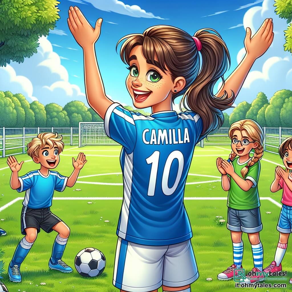 Camilla, una giovane donna atletica con i capelli castani raccolti in una coda di cavallo, sorride con entusiasmo, il suo viso radioso di determinazione e gioia. Indossa una maglietta da calcio blu con il numero 10, tenendo un pallone da calcio ai suoi piedi su un campo verde. Accanto a lei, un ragazzo di 12 anni, con i capelli biondi arruffati, alza le braccia al cielo, esprimendo gioia e ammirazione, mentre una ragazza di 11 anni, con le trecce e un sorriso splendente, applaude con entusiasmo. Il luogo è un piccolo campo da calcio in erba, circondato da barriere bianche, con alberi verdi sullo sfondo e un cielo blu punteggiato di nuvole bianche. La scena principale mostra Camilla mentre dà consigli ai bambini, incoraggiandoli a giocare insieme, mentre regna un'atmosfera di amicizia ed eccitazione.