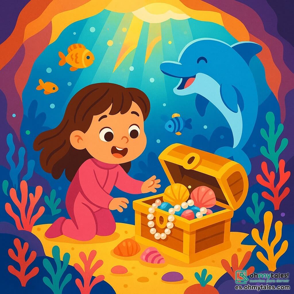 Una niña de 4 años, con largos cabellos castaños y ojos llenos de curiosidad, lleva un traje de buceo rosa. Está maravillada, con una gran sonrisa en su rostro, mientras descubre un tesoro submarino. A su lado, un delfín alegre, con escamas brillantes y aleta elegante, hace piruetas en el agua, añadiendo un toque de magia a la escena. El decorado es una caverna submarina, con paredes brillantes de colores vivos, corales multicolores y peces tropicales nadando a su alrededor. La luz del sol filtra a través del agua, creando reflejos dorados y arcoíris en el espacio. La situación principal muestra a la niña abriendo un cofre dorado, lleno de perlas brillantes y conchas coloridas, mientras el delfín la anima con saltos alegres, creando una atmósfera de aventura y descubrimiento.