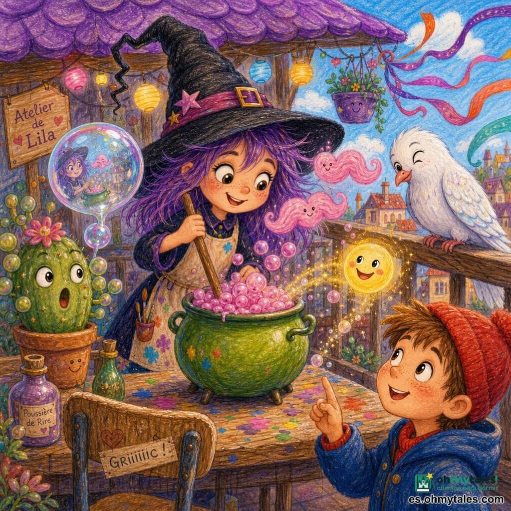 Bruja Lila (niña), alegre y traviesa, labios sonrientes, ojos grandes y brillantes, pelo violeta despeinado, lleva sombrero puntiagudo torcido y delantal manchado de pintura y remueve un pequeño caldero verde manzana que burbujea con pompas rosas; tres bigotitos rosas en forma de nube flotan alrededor de su rostro como mariposas de algodón; una paloma risueña, pequeña y blanca con plumas brillantes, se posa en la barandilla a la derecha mirando la poción; un cactus de burbujas con expresión sorprendida está en una mesa a la izquierda, soltando una gran burbuja que refleja la escena; un niño de unos 7 años en la calle de abajo, con gorro rojo y abrigo azul, mira hacia arriba y sonríe al ver una pequeña sonrisa flotando hacia él; la terraza elevada tiene techo violeta, jardineras con plantas de formas divertidas, guirnaldas y lazos coloridos al viento, mesa de madera manchada y silla que cruje; la poción forma una gran sonrisa flotante amarilla que se eleva dejando chispas y pequeñas burbujas brillantes; ambiente de colores vivos, texturas tipo crayón, trazos suaves y redondeados, atmósfera divertida, cálida y ligeramente encantada.
