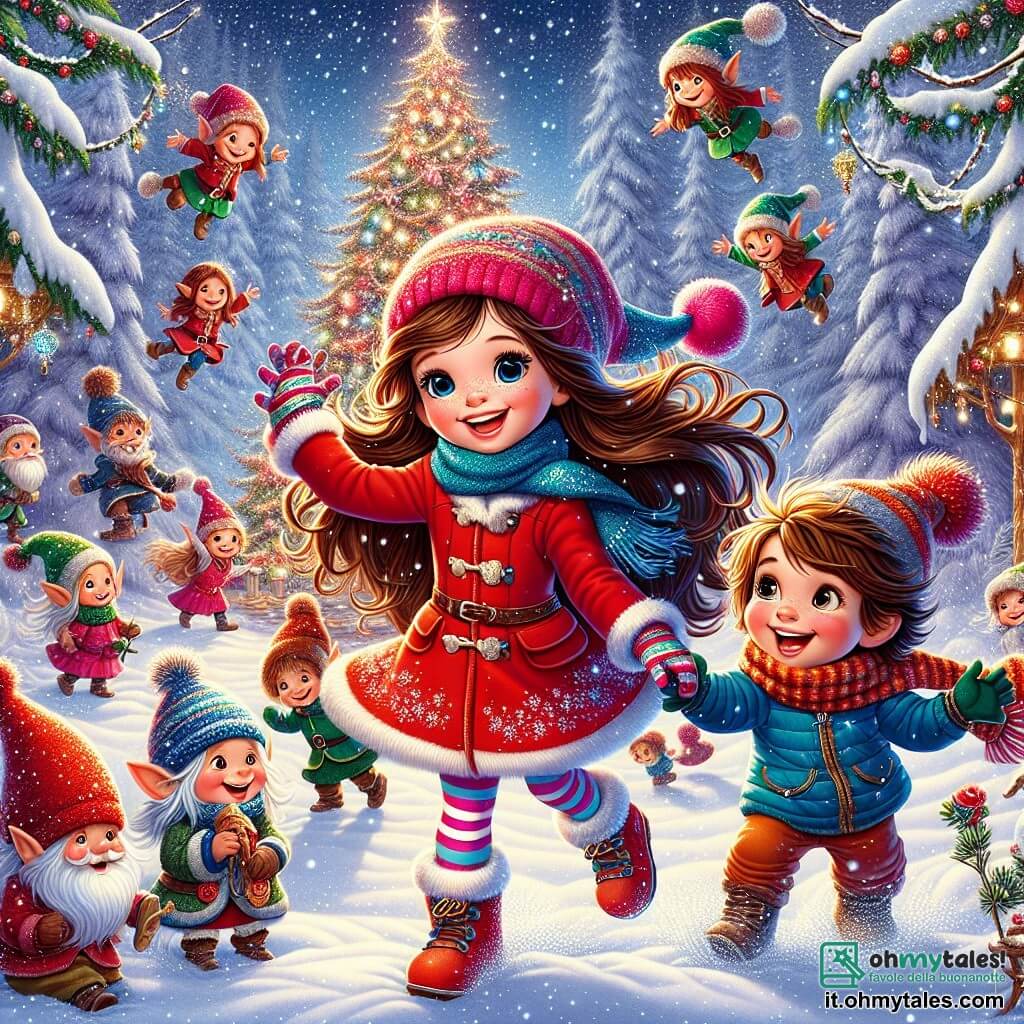 Una bambina di 9 anni, Sofia, con lunghi capelli castani e occhi pieni di curiosità, danza gioiosamente in una radura innevata, circondata da fiocchi di neve scintillanti. Indossa un cappotto rosso vivo, un berretto di lana e guanti colorati, e il suo viso brilla di eccitazione e felicità. Accanto a lei, il suo fratellino Marco, di 6 anni, con capelli biondi disordinati e un grande sorriso, si diverte a fare palle di neve, lanciandole in aria con entusiasmo. È vestito con una tuta da sci blu e una sciarpa a righe. Sullo sfondo, un gruppo di creature magiche, come gnomi ed elfi, si trova intorno a un grande albero di Natale decorato con ghirlande scintillanti, in una foresta magica dove la neve ricopre il terreno e i rami degli alberi, creando un'atmosfera incantata. La scena principale mostra Sofia e Marco che danzano e giocano insieme, circondati dai loro nuovi amici, celebrando gioiosamente il Capodanno in un'atmosfera festosa e incantata, con stelle brillanti nel cielo notturno.