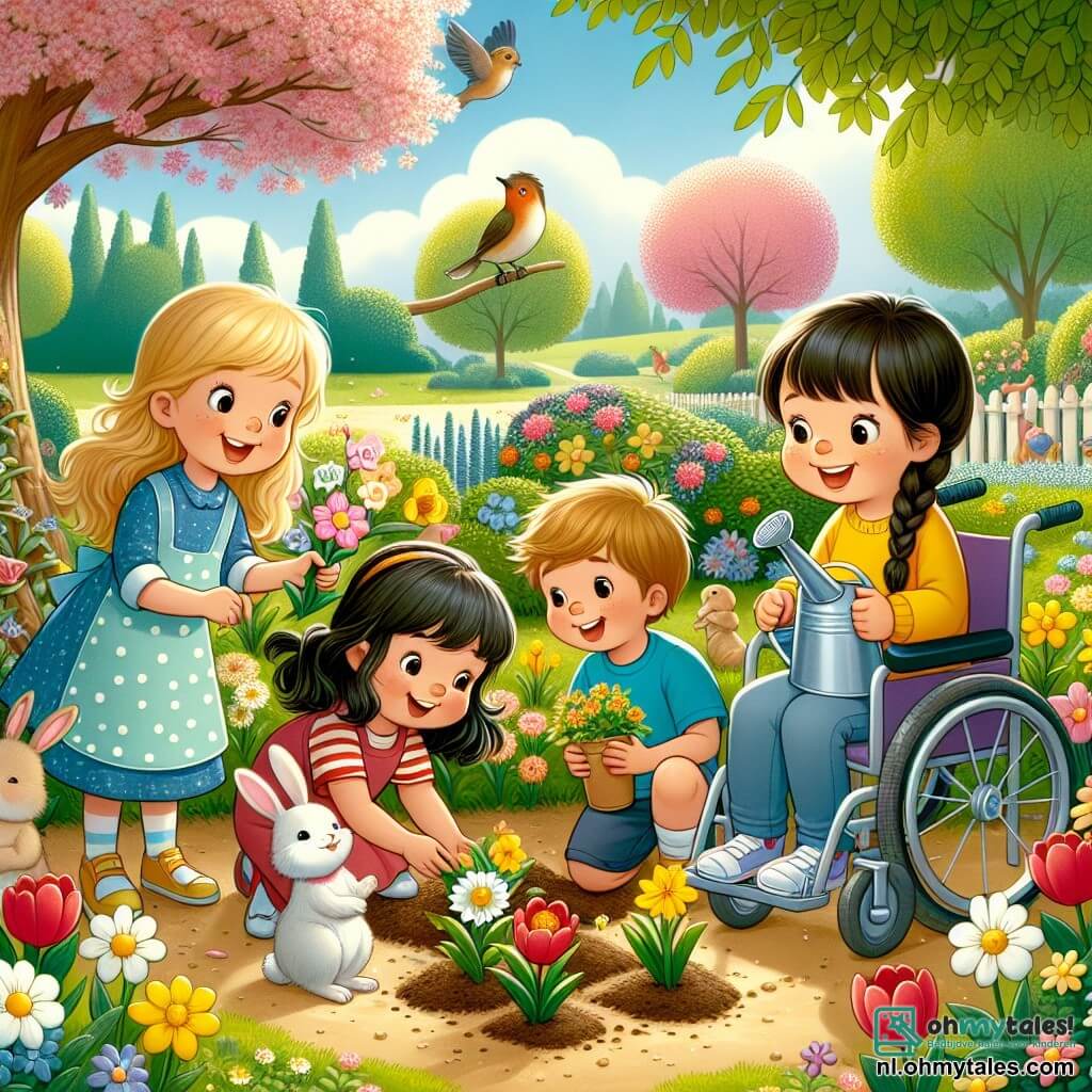 In een bloeiende park zijn vier kinderen samengekomen om de lente te vieren. Lotte, een vijfjarig meisje met lang blond haar en een gele jurk, glimlacht terwijl ze een bloem vasthoudt. Naast haar wijst Sam, een vijfjarig jongetje met wild bruin haar en een blauwe t-shirt, naar een vogel in een boom. Noor, een vijfjarig meisje met gevlochten zwart haar en een roze jurk, knielt om een groepje kleine konijnen te bekijken. Ten slotte heeft Tom, een vijfjarig jongetje in een rolstoel, een grote glimlach en kijkt naar zijn vrienden terwijl hij een klein gietertje vasthoudt. Het park is gevuld met kleurrijke bloemen, met rode tulpen, gele narcissen en witte madeliefjes die dansen in de lichte bries. Groene bomen flankeren het pad en de lucht is helderblauw met enkele donzige wolken. De kinderen planten bloemenzaadjes in de grond, omringd door gelach en opwinding, terwijl de bijen vrolijk om hen heen zoemen. Het is een moment van delen en ontdekken, waar ze leren om samen voor de natuur te zorgen.