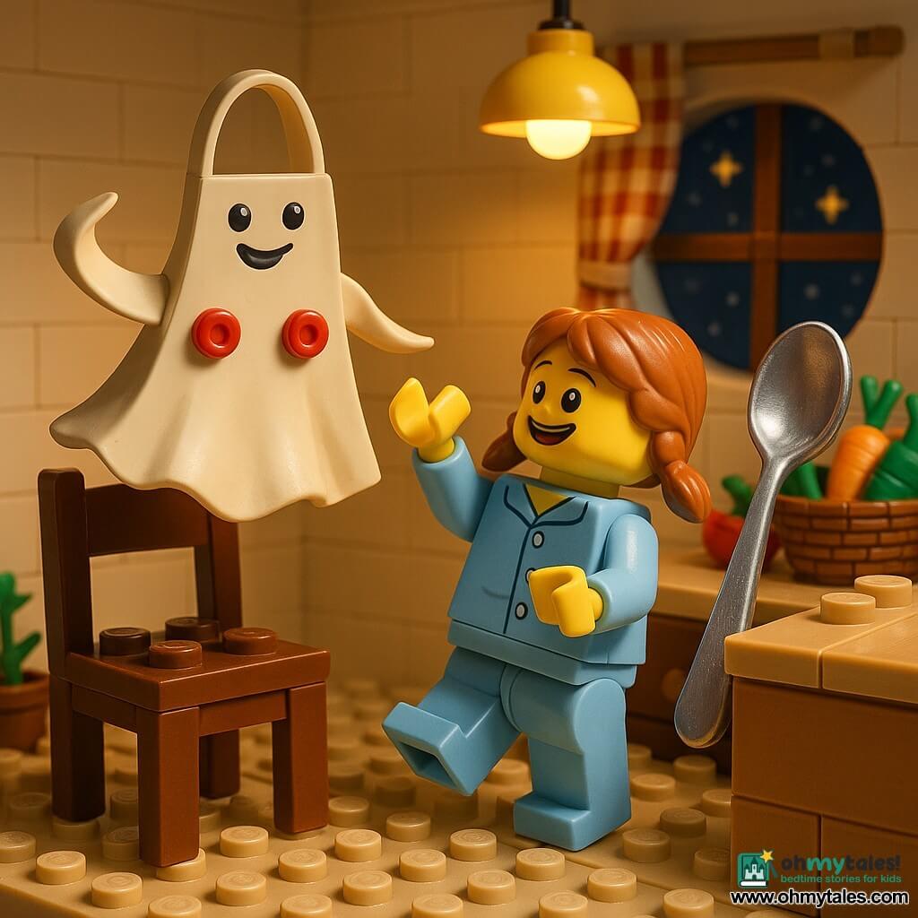 Main girl Mila, joyful and curious with a smiling face and bright round eyes, light brown hair in two small braids, wearing light blue pajamas and tiptoeing to reach a floating talking apron on a chair. Secondary: an animated apron with big red buttons, ghostlike fold, gently waving a corner above the chair, and a shiny silver spoon on the countertop to her right, tilted as if pointing the way. Setting: warm small LEGO kitchen with light wood countertop, eggshell walls, soft yellow lamp, a basket of colorful vegetables, and a round window with a checkered curtain showing a starry night. Scene: tender nighttime close-up, warm centered lighting, warm tones and sharp LEGO-style contrasts.