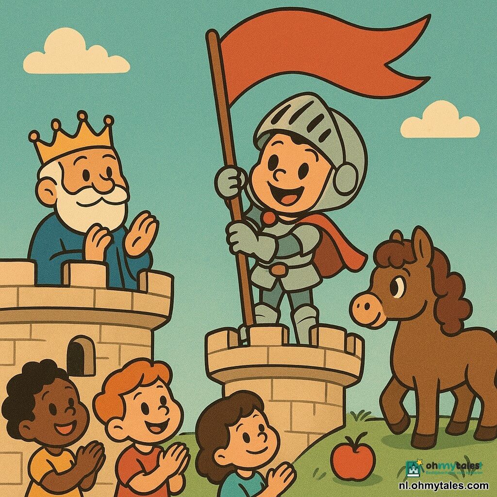Een jonge ridderjongen Bram, glimlachend en trots, glanzende helm, kleine rode cape en eenvoudige glanzende harnas, hij hijst hoog een grote rode vlag op de ronde kasteeltoren; geen prinses/koning aanwezig, naast hem een oude koning van ongeveer 60 jaar applaudisseert zacht in een blauwe mantel en gouden kroon op het terras links van de ridder; rechts staat het bruine pony'tje Pluis met een krullende manen en een appel aan zijn voeten; enkele dorpskinderen (gemengd, 5–8 jaar) klappen op het geplaveide plein onder de toren, kleurrijke eenvoudige kleren; kasteel in licht steen, felrode vlag, blauwe lucht en groen gras, afgeronde stijl met dikke lijnen, vreugdevol rustig moment, zachte lichtinval en warme kleuren, compositie gecentreerd op de ridder en de toren.
