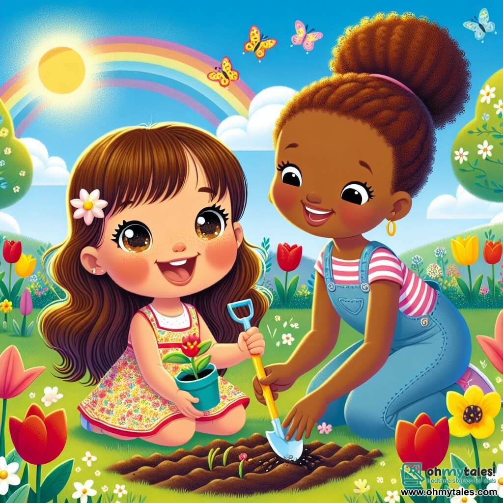 A 4-year-old girl with long brown hair and sparkling eyes is crouched in a sunny garden, holding a small plastic shovel. She smiles in wonder as she looks at a tiny seed she just planted in the soil. Next to her, her mother, a woman in her 30s with brown hair in a bun and wearing a colorful dress, leans down to help her, smiling with pride. The garden is filled with colorful flowers, including red tulips, yellow daffodils, and white daisies, under a clear blue sky dotted with a few white clouds. The main scene shows the girl and her mother planting seeds, surrounded by the beauty of spring, with butterflies flying around them, symbolizing the magic and new life of the season.
