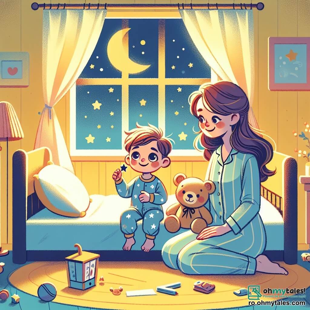 Un băiețel de 2 ani, pe nume Andrei, stă pe patul său, cu ochii mari și strălucitori de curiozitate, un zâmbet ușor pe față, în timp ce se uită pe fereastră. Are părul castaniu și dezordonat și poartă un pijama albastru cu stele albe. Lângă el, mama lui, o femeie blândă de aproximativ 30 de ani, cu părul lung și castaniu, stă pe marginea patului, zâmbindu-i cu duioșie, ținând în brațe o jucărie de pluș în formă de urs. Scena are loc într-o cameră călduroasă, cu pereții vopsiți în galben pastel, cu jucării împrăștiate pe podea și perdele ușoare care lasă să pătrundă lumina lunii. Andrei, fascinat, privește stelele strălucitoare prin fereastră, în timp ce mama lui îi explică că întunericul nu trebuie să fie temut, ci că este plin de magie și frumusețe.