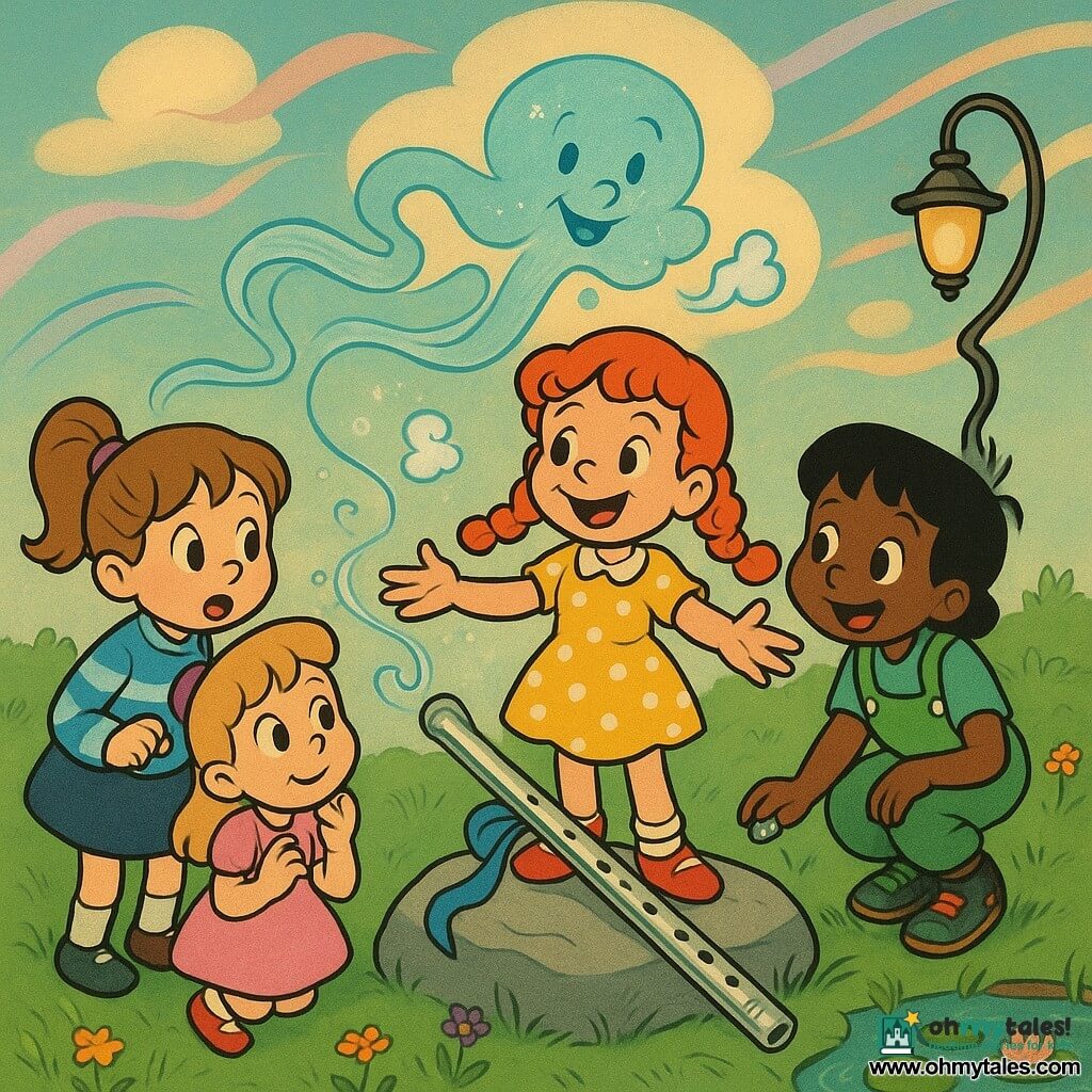Four girls on a grassy hilltop: Rosie, 6, red curly braided hair, yellow polka-dot dress and scuffed red shoes, standing on a flat stone center with open hands and a mischievous smile; Mia, 5, light brown hair in pigtails, blue striped sweater and mismatched socks, left of Rosie, leaning in with an amazed look holding a half-eaten biscuit; Poppy, 6, short black hair, green overalls with a large pocket and a dragon-pattern shoe, right of Rosie, crouched picking up a small sparkling pebble; Lila, 6, straight blond hair with a purple ribbon, sugar-paste colored dress, just behind Rosie with hands clasped and a serious, attentive expression. The hilltop has silver flat stones, waving grass, small orange and mauve flowers, a pond with lilies below and a crooked lamppost; a long silver wind flute with a blue ribbon and star-decorated holes rests on a central rock. The girls have just unlocked an enchanted wind flute that blows out a lively ribbon of wind filled with tiny laughing bubbles and a tiny cup-shaped cloud; soft light, joyful expressions, exaggerated cartoon motion with floating hair and ribbons, bright contrasting colors, humorous fantastical mood.