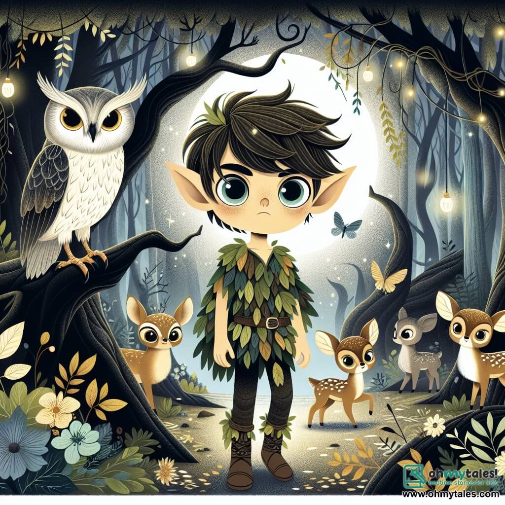 An illustration depicts a young sprite, a boy with moon-like bright eyes and pointed ears, standing bravely in a mysterious forest. He has a determined expression, his hair slightly floating in the wind, and wears a tunic made of leaves and flowers. Nearby, a large owl with silver feathers and deep, night-like eyes perches on a branch, observing with a wise and protective demeanor. A group of small forest creatures resembling fawns with bright eyes and delicate legs hides behind a tree, their faces showing both curiosity and fear. The main setting is an enchanted forest with twisted, dark-trunked trees reaching towards a misty sky, where glowing vines hang from branches, illuminating the ground covered in golden leaves and night flowers. The main scene shows the young sprite facing moving shadows dancing around him, their indistinct shapes blending with the mist, as he stands firm, ready to uncover the secrets of this forgotten forest. Additional graphic elements include bursts of light from the vines, glowing eyes of hidden creatures, and sinister shadows weaving between the trees, creating a magical yet slightly eerie atmosphere.