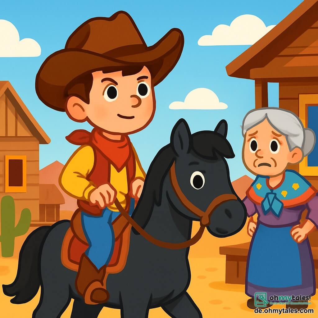Ein junger Cowboy, Tommy, ein 10-jähriger Junge mit einem großen braunen Cowboyhut und einem mutigen Lächeln, sitzt auf seinem schwarzen Pferd namens Blitz. Er hat glänzende, entschlossene Augen und schaut mit einer tapferen Miene in die Ferne. Neben ihm steht eine alte Frau aus dem Dorf, etwa 70 Jahre alt, mit grauen Haaren und einem bunten Schal, auf der Veranda ihres Holzhauses, die Hände in die Hüften gestützt, besorgt aber voller Hoffnung. Die Szenerie ist ein Cowboydorf unter einem strahlend blauen Himmel, mit Holzhäusern, grünen Kakteen und Bergen in der Ferne. Die Hauptsituation zeigt Tommy, der bereit ist, den Banditen nachzujagen, die Vorräte stehlen, entschlossen, sein Dorf zu schützen und den Frieden wiederherzustellen.