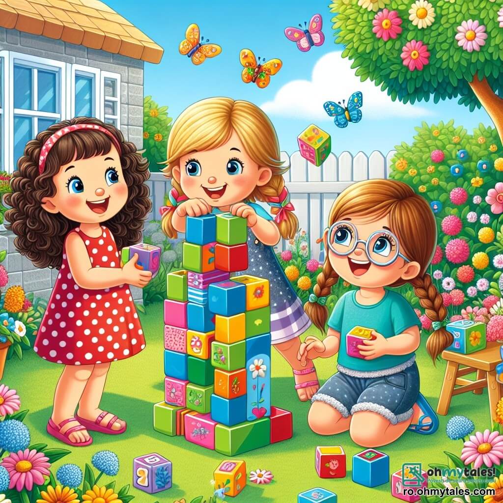 Trei fete fericite, Mia, Ana și Lili, sunt adunate într-o curte însorită plină de flori colorate. Mia, o fetiță de 8 ani cu părul creț și brunet, poartă o rochie roșie cu buline și zâmbește ținând un cub de joc în mâini. Lângă ea, Ana, o fetiță de 7 ani cu părul blond împletit, poartă un tricou albastru și privește cu entuziasm vârful turnului de cuburi pe care îl construiesc. Lili, o fetiță de 6 ani cu părul castaniu și ochelari, este puțin în spate, râzând în timp ce ține o scară mică din lemn. Curtea bunicii este un loc magic, plin de flori strălucitoare, fluturi care zboară și un copac mare cu frunze verzi. La mijloc, un covor de iarbă moale și verde servește ca scenă pentru aventura lor. Fetele încearcă să construiască un turn imens de cuburi de joc, dar turnul se prăbușește brusc, provocând hohote de râs și zâmbete strălucitoare.