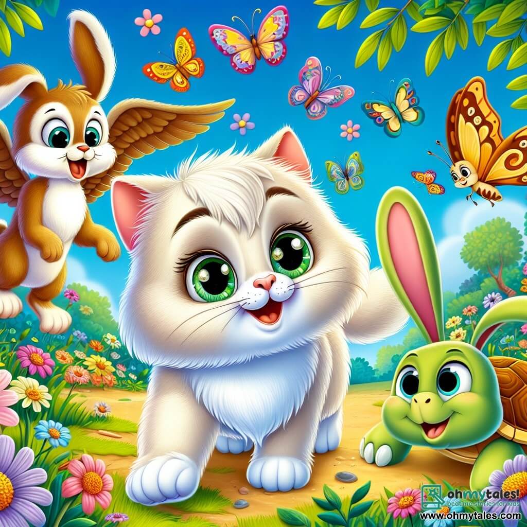 A cat named Whiskers, with soft, fluffy cream-colored fur and sparkling green eyes, is at the center of the image, displaying a curious and excited expression as he watches a beautiful colorful butterfly. Next to him, Benny, a small rabbit with large ears and light brown fur, is joyfully hopping with a smile on his face, ready to help his friend. Clara, a wise owl with brown feathers and big round eyes, is perched on a tree branch, watching the scene with kindness. Timmy, a small turtle with a green shell and mischievous eyes, is slowly moving along the ground, determined to assist. The setting is a vibrant and colorful garden, filled with bright flowers of all colors, with butterflies flying around and a clear blue sky in the background. The main scene shows Whiskers and his friends freeing a butterfly caught in a spider's web, illustrating the spirit of teamwork and friendship that binds them.