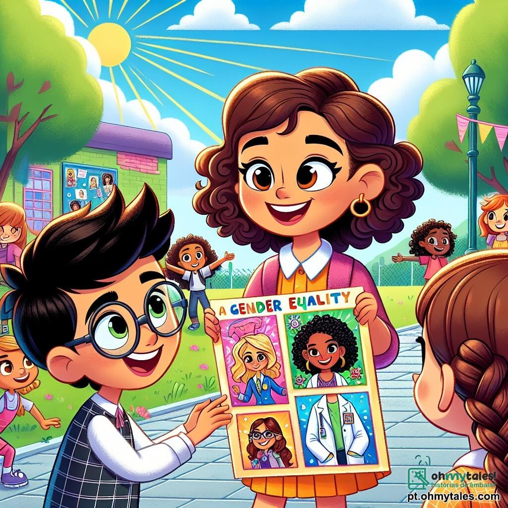 No centro da imagem, Clara, uma menina de 10 anos com cabelos castanhos cacheados e um sorriso radiante, segura um grande cartaz colorido com mulheres inspiradoras. À sua direita, Ana, uma menina de 9 anos com cabelos loiros trançados e óculos, aponta para uma foto de uma atleta famosa no cartaz. À esquerda, Miguel, um menino de 10 anos com cabelos negros e óculos, observa atentamente outra imagem de uma cientista, com uma expressão admirada. O fundo mostra um pátio escolar animado, com árvores verdes, bancos coloridos e outras crianças brincando e conversando alegremente. O céu é azul com algumas nuvens brancas, e raios de sol iluminam a cena. Clara, Ana e Miguel estão apresentando seu projeto sobre igualdade de gêneros para um grupo de crianças curiosas, todas cativadas pelo entusiasmo e pela mensagem de unidade.