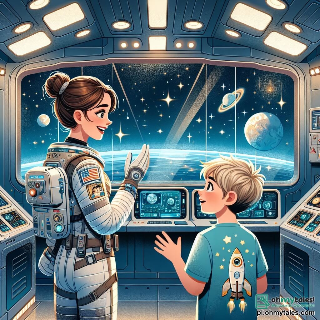 Astrid, astronautka z brązowymi włosami związanymi w kok, nosi białą i srebrną kombinezon. Jej twarz promienieje ekscytacją i determinacją, gdy stoi przed dużym oknem stacji kosmicznej, podziwiając migoczące gwiazdy i Ziemię poniżej. Obok niej Jasio, ośmioletni chłopiec z blond włosami i błyszczącymi oczami, patrzy z zachwytem. Ma na sobie niebieską koszulkę z nadrukowaną rakietą i trzyma mały notes, w którym rysuje gwiazdy. Miejsce to futurystyczna stacja kosmiczna z błyszczącymi metalowymi ścianami, jasnymi ekranami kontrolnymi i oknami oferującymi spektakularny widok na przestrzeń. Główna sytuacja pokazuje Astrid wyjaśniającą Jasiowi cuda wszechświata, podczas gdy razem obserwują planety i gwiazdy, symbolizując zdumienie i ciekawość, które łączą ich w tej kosmicznej przygodzie.