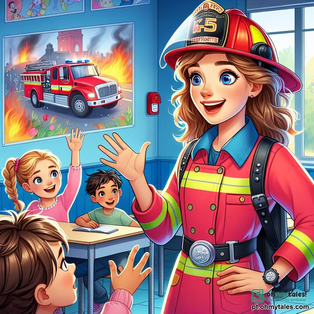 Uma jovem, Sofia, fala entusiasticamente com as crianças em uma sala de aula iluminada. Ela usa um uniforme de bombeiro vermelho vivo, com um capacete brilhante e um grande sorriso, mostrando sua paixão e determinação. Ao lado dela, um garoto de 8 anos, Lucas, a escuta com olhos arregalados, fascinado por suas histórias. Ele tem cabelo castanho bagunçado e usa uma camiseta azul com um desenho de caminhão de bombeiro. No fundo, uma menina de 7 anos, Emma, levanta a mão com empolgação, seus cabelos loiros trançados flutuando ao seu redor. Ela usa um vestido rosa e parece ansiosa para fazer uma pergunta. A sala de aula é decorada com desenhos coloridos de bombeiros e caminhões, com janelas que deixam entrar a luz do sol, criando uma atmosfera alegre e acolhedora. Sofia explica como ajuda pessoas e animais em caso de incêndio, enquanto um alarme soa repentinamente, adicionando um toque de urgência à cena.