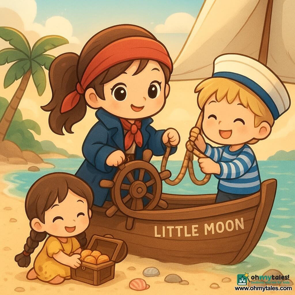 The protagonist is a smiling, brave female pirate with a red neckerchief, brown pigtails and an oversized navy coat, holding the wooden helm rope of a small boat; an about-8-year-old blond boy in an oversized sailor hat helps trim a sail beside her, and a 6-year-old girl with braided hair and a sandy yellow dress crouches on the pale sand holding an open wooden box of buns; the small cove with leaning palms, colorful shells, round rocks, turquoise water and light mist at sunset shows the boat "Little Moon" gently moored, the chibi crew exchanging smiles as the pirate ties the boat with a neat knot and the children share buns in a calm, warm atmosphere.