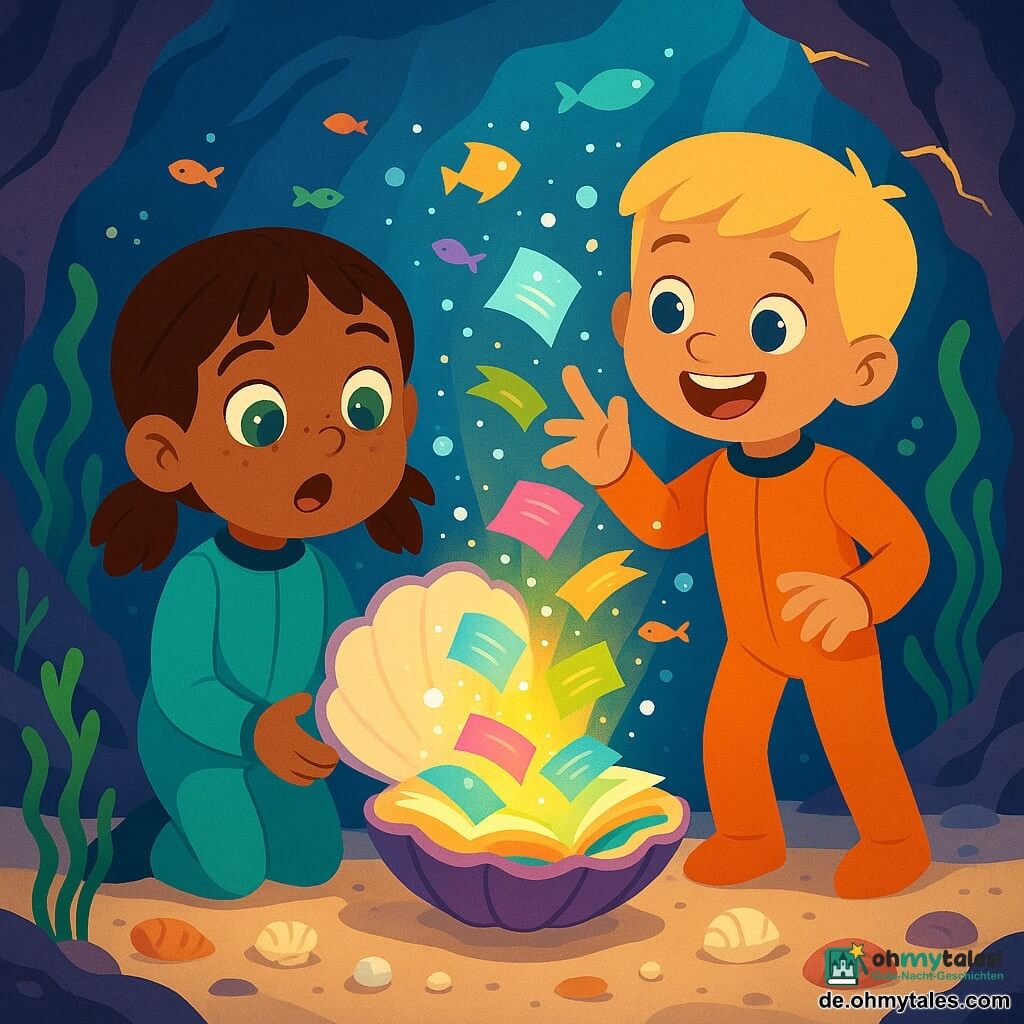 Zwei Kinder in einer leuchtenden Unterwassergrotte: ein 6-jähriges Mädchen mit braunen Zöpfen, grünen Augen, Sommersproße auf der Nase und türkisfarbenem Taucheranzug steht leicht links und hält vor sich eine geöffnete, perlmuttfarbene Muschel, mit staunendem Blick auf ein darin hell leuchtendes Buch; ein 6-jähriger Junge mit kurzen blonden Haaren, blauen Augen und breitem Lächeln in einem orangefarbenen Taucheranzug steht rechts etwas zurück und reicht die Hand zu bunten Geschichten und funkelnden Blasen, die aus der Muschel schweben; violett-blaue Felswände mit goldenen Lichtstrahlen, wellende grüne Algen, tanzende bunte Fische und heller Sand mit Muscheln und Perlen bilden den magischen, fröhlichen Hintergrund.