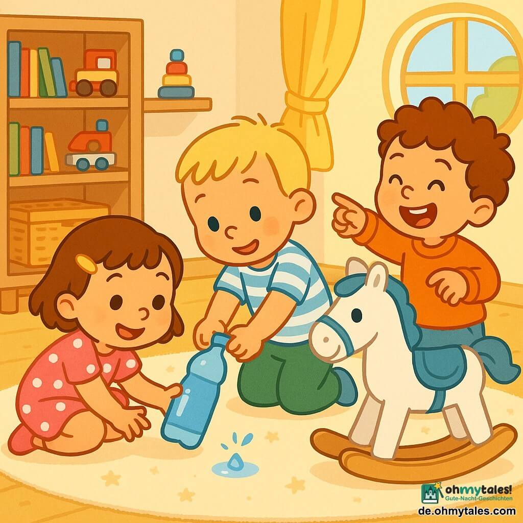 Drei Kinder: Lina, ca. 3 Jahre, kurzes braunes Haar mit gelber Haarklammer, rosa Kleid mit weißen Punkten, hockt links am Schaukelpferd und lächelt die Flasche an; Ben, ca. 3 Jahre, blonder Bürstenschnitt, hellblau-weiß gestreiftes T-Shirt, grüne Hose, kniet vor dem Pferd und zieht mit beiden Händen an der blauen Flasche; Oskar, ca. 3 Jahre, kastanienbraune Locken, oranger Pullover, steht rechts am Pferd, lacht und zeigt auf die Flasche. Helles, warmes Kinderzimmer mit cremefarbenem Teppich und kleinen Sternen, hellen Holzregalen mit bunten Büchern und Spielzeug, Korbtruhe und rundem Fenster mit weichem Morgenlicht. Fröhliche Szene: Die drei kleinen Entdecker haben eine blaue Wasserflasche unter einem weiß lackierten Schaukelpferd mit blauer Satteldecke gefunden; ein kleiner Wasserfleck auf dem Teppich glitzert leicht, neugierige und lachende Gesichter, lebhafte Gesten, sanft-verspielte Atmosphäre.