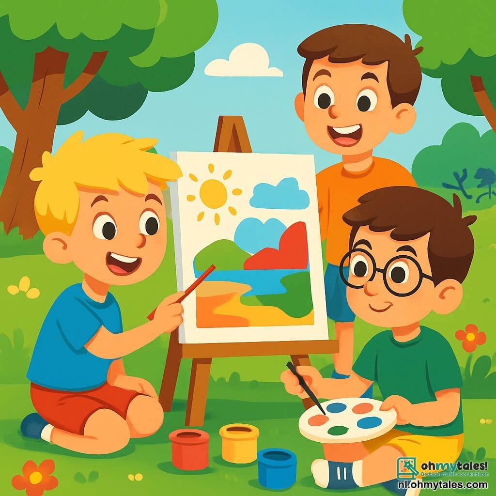 Er zijn 3 personages: - Kasper: een 10-jarig jongen met tousled blond haar en nieuwsgierige ogen. Hij draagt een blauwe t-shirt en een rode short, en hij is bezig met het schilderen van een kleurrijk landschap op een groot vel papier. - Levi: een 10-jarig jongen met bruin haar en ronde bril. Hij draagt een groene t-shirt en een gele short, en hij zit naast Kasper, terwijl hij kleuren mengt op zijn palet. - Tim: een 10-jarig jongen met kastanjebruin haar en een stralende glimlach. Hij draagt een oranje t-shirt en een marineblauwe short, en hij staat achter hen, enthousiast hun werk te observeren. De locatie is een zonnig park, vol weelderig groen en kleurrijke bloemen. Majestueuze bomen bieden schaduw, terwijl een groep kinderen in de verte speelt. Een groot wit doek staat op een ezel, en potten met levendige verf zijn verspreid om hen heen, wat een vrolijke en creatieve sfeer creëert. De belangrijkste situatie toont de jongens die druk bezig zijn met artistieke activiteiten, lachend en ideeën uitwisselend terwijl ze samen schilderen. De heldere kleuren van hun werken contrasteren met het groen van het park, en de sfeer is gevuld met kameraadschap en zomerse vreugde.