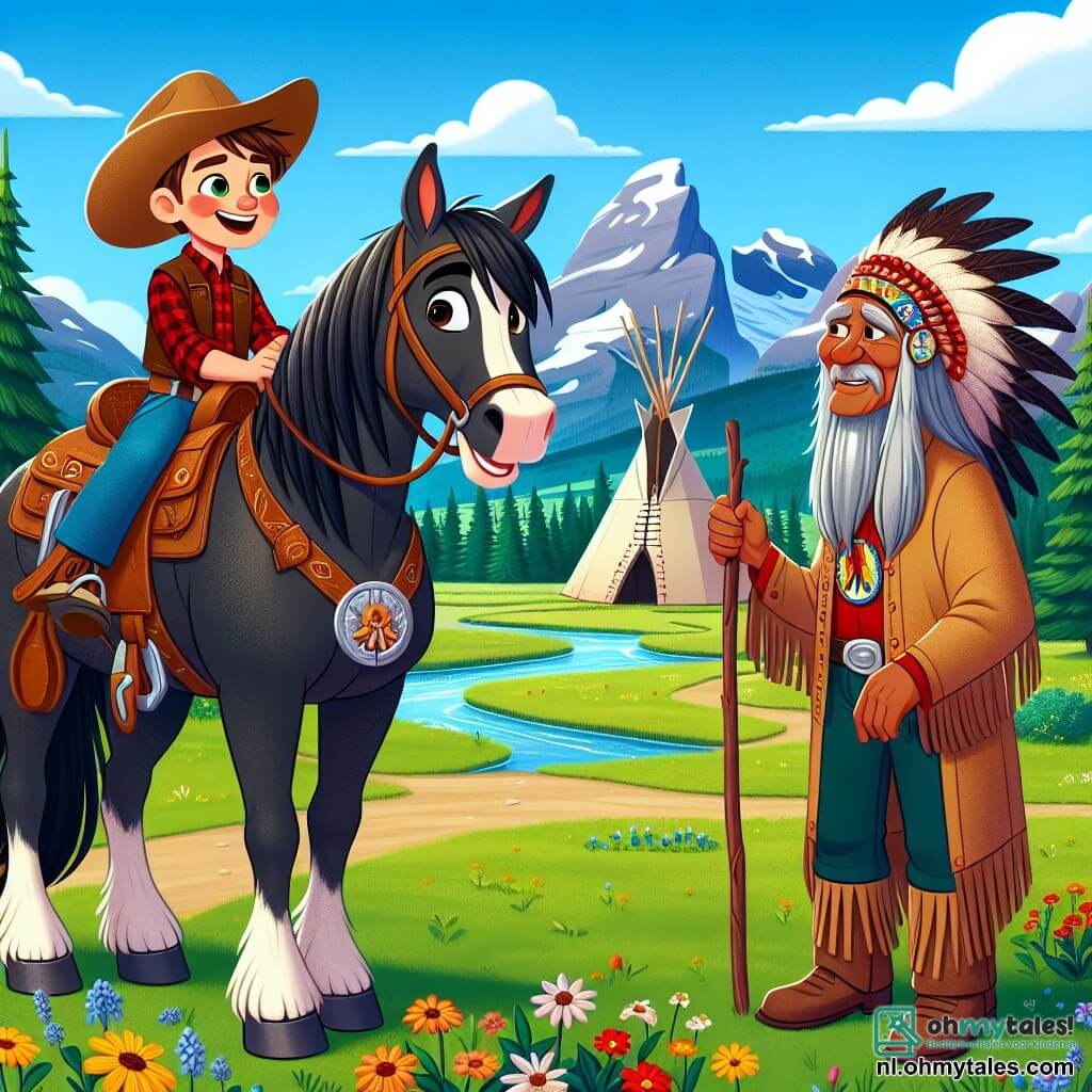 Tom, een jonge cowboy van ongeveer 10 jaar, staat op zijn paard Bliksem, een prachtig zwart paard met een glanzende manen. Hij draagt een brede cowboyhoed, een rood geruite shirt en een leren vest, met een grote glimlach van opwinding en vastberadenheid op zijn gezicht. Naast hem staat een oude wijze Indiaan van ongeveer 60 jaar, met lange grijze haren en een mooie kleurrijke verenhoofdband. Hij glimlacht vriendelijk en houdt een stok vast die versierd is met symbolen, terwijl hij dicht bij de tipi op de achtergrond staat. De omgeving is een uitgestrekt groen veld, bezaaid met kleurrijke bloemen onder een stralende blauwe lucht, met een glinsterende rivier die door het landschap kronkelt. Op de achtergrond zijn majestueuze bergen en imposante bomen te zien. De hoofdscène toont Tom en de Indiaan die met elkaar praten, terwijl Tom aandachtig luistert naar de verhalen over de natuur die de Indiaan hem vertelt, terwijl Bliksem trots naast hen staat, klaar voor nieuwe avonturen.