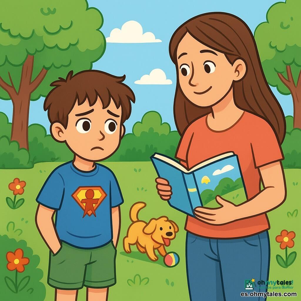 Un niño de 8 años, llamado Marcos, con cabello castaño desordenado y grandes ojos expresivos, está en medio de un parque, con aire pensativo y un poco triste. Lleva una camiseta azul con un dibujo de superhéroe y un short verde, con las manos en los bolsillos. A su lado, su mamá, una mujer de unos treinta años con cabello largo y castaño, lo mira con una sonrisa dulce y reconfortante, sosteniendo un libro ilustrado en sus manos. Al fondo, un perrito de pelo dorado, Luna, juega alegremente con una pelota colorida, añadiendo un toque de alegría a la escena. El parque está lleno de árboles verdes, flores coloridas y un cielo azul claro, creando un ambiente cálido. La situación principal muestra a Marcos y su mamá conversando, mientras el perrito se divierte, simbolizando el amor y el apoyo familiar a pesar de los cambios en sus vidas.
