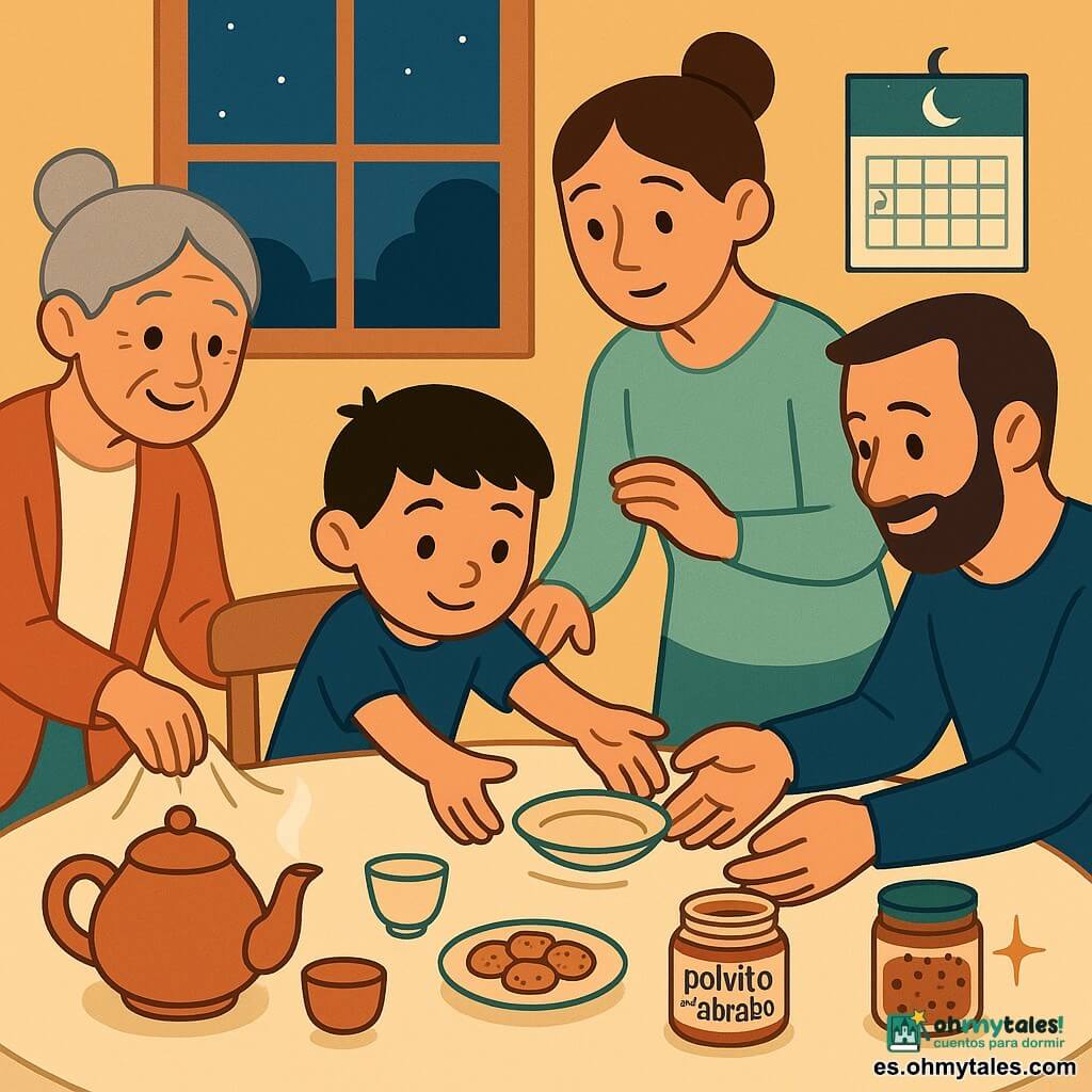 Un niño de 6 años, rostro redondo, pelo negro corto, mirada concentrada y sonrisa tímida, extiende ambas manos para alcanzar un plato que se desliza hacia el borde de la mesa; a su derecha, la madre (unos 30 años) con el pelo recogido en un moño, expresión suave y gestos tranquilos, toma su mano o muestra cómo mover el plato; a la izquierda, la abuela (unos 65 años) con canas en moño y sonrisa paciente, estira el borde del tapete para estabilizar la mesa; frente al niño, un vecino adulto (unos 40 años) con barba corta sostiene el plato con una mano y sonríe. Sobre la mesa hay té humeante en una tetera, tacitas, un frasco abierto de “polvito de abrazo” (polvo marrón con puntos más oscuros), una fuente de galletas y un vaso que tintinea. La escena es un comedor cálido de noche con luz amarilla suave, una ventana que muestra el cielo crepuscular con algunas estrellas y un calendario de Ramadán en la pared con casillas y una marcada; el momento transmite cooperación tranquila y sonriente durante el iftar, gestos atentos y expresiones benevolentes. Paleta de colores: tonos cálidos (ocre, terracota, verde menta, azul noche), contrastes suaves, formas simples y contornos nítidos de estilo infantil.