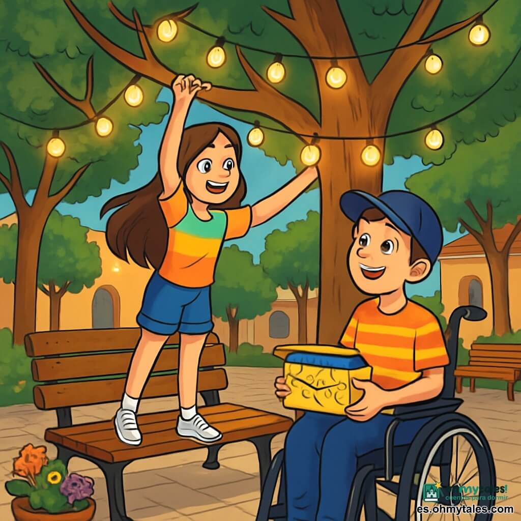 Hay 2 personajes principales: - Clara: una niña de 12 años, con cabello largo y castaño y ojos brillantes. Lleva una camiseta colorida y un short, y está de pie sobre un banco, sonriendo, mientras extiende una guirnalda luminosa hacia una rama de árbol. - Mateo: un niño de 12 años, con cabello corto y una sonrisa cálida. Está sentado en su silla de ruedas, lleva una gorra y una camiseta a rayas, sosteniendo una caja de bombillas LED, mirando a Clara con admiración. El lugar es una encantadora plaza pequeña, rodeada de viejos árboles con hojas verdes y un gran árbol central cuyas ramas se extienden como brazos acogedores. Hay bancos de madera dispuestos en círculo y guirnaldas luminosas colgadas entre las ramas, creando un ambiente cálido y festivo. El suelo está pavimentado con losas antiguas y flores coloridas crecen en macetas de terracota. La situación principal muestra a Clara colgando luces entre las ramas del árbol, mientras Mateo, con una mirada concentrada, la ayuda a organizar las guirnaldas. Juntos, preparan una hermosa noche estrellada para reunir a todos sus amigos y familiares, ilustrando el espíritu de colaboración y creatividad.