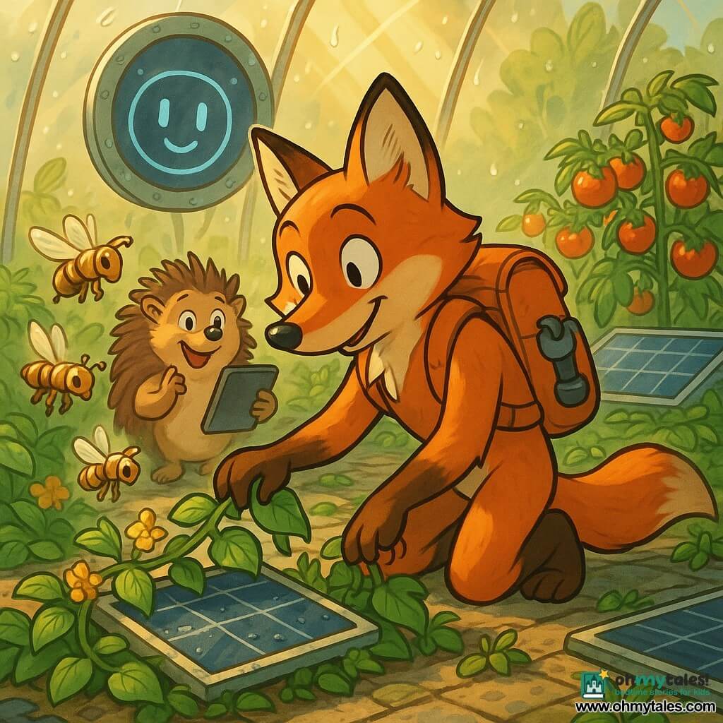 An anthropomorphic fox with copper-orange fur, curious smiling eyes, kneeling and gently pulling a vine off a small solar panel while wearing an orange backpack and a dangling flashlight, watched by a surprised, delighted hedgehog friend holding a tablet; shiny brass robotic bees buzz among the vine flowers, a round greenhouse screen with a smiling digital face and blinking blue lights hangs on the wall, sunlight streams through a clear glass dome over wet stone paths, rows of bright red tomatoes and emerald leaves, flat solar panels integrated into the floor and ledge, warm optimistic scene with saturated colors and focused composition.