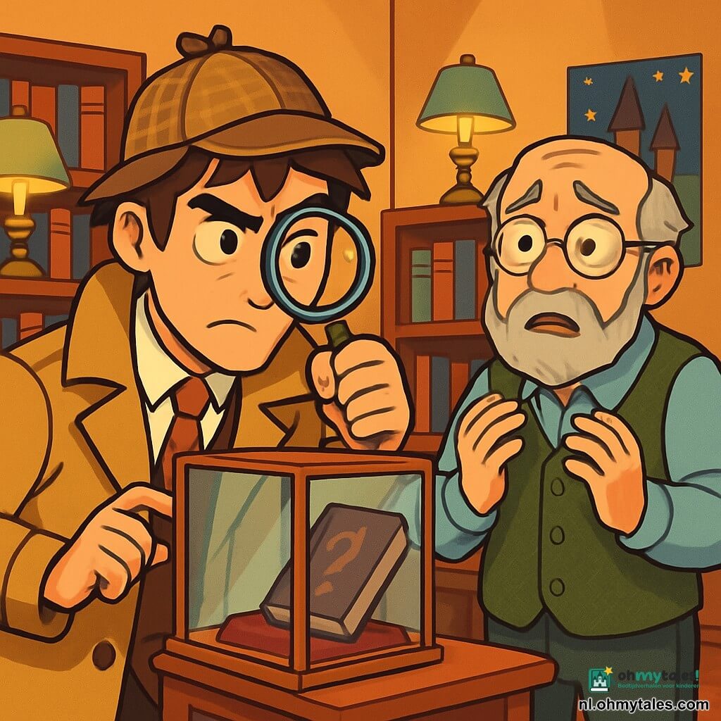 Een mannelijke detective, Erik, in zijn dertiger jaren, met rommelig bruin haar en een vergrootglas in zijn hand, heeft een geconcentreerde en vastberaden uitdrukking op zijn gezicht. Hij draagt een beige trenchcoat en een detectivehoed, terwijl hij voor een bibliotheekvitrine staat, met zijn ogen gericht op een mysterieus verdwenen boek. Naast hem staat een oudere man, meneer Jansen, de bibliothecaris, ongeveer 60 jaar oud, met ronde brillen en een grijze baard, die Erik bezorgd aankijkt, met licht trillende handen. Hij draagt een wollen vest en staat dicht bij de vitrine, zichtbaar bezorgd over de verdwijning van het boek. De scène speelt zich af in een warme bibliotheek, met houten planken vol kleurrijke boeken, oude lampen die de ruimte verlichten en zachte tapijten op de vloer. Posters van verhalen en legendes sieren de muren, wat een vleugje magie aan de omgeving toevoegt. De hoofdactie toont Erik die aandachtig de open vitrine onderzoekt, terwijl meneer Jansen, bezorgd, naast hem staat en naar antwoorden zoekt over het mysterie van het verdwenen boek.