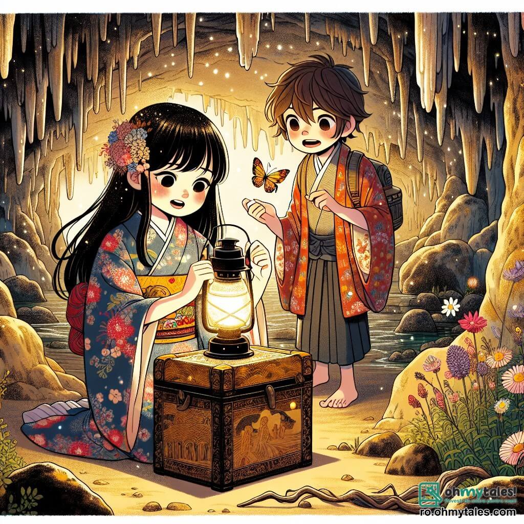 Aiko, o tânără cu păr lung, negru și strălucitor, poartă un kimono colorat cu motive florale. Are o privire curioasă și uimită, cu un zâmbet radiant, în timp ce explorează o peșteră misterioasă. Alături de ea se află Haru, un băiat de aproximativ 12 ani, cu părul castaniu în dezordine și ochii strălucind de entuziasm. El ține o lampă cu ulei care luminează pereții peșterii, dezvăluind picturi rupestre vechi. Peștera este vastă, cu stalactite strălucitoare care cad de pe tavan și umbre dansante create de lumina lămpii. Flori sălbatice și rădăcini de copaci ies din crăpăturile pereților, adăugând o notă de culoare mediului întunecos. Aici, Aiko și Haru descoperă o cutie veche din lemn, împodobită cu motive delicate, pe care tocmai au găsit-o în centrul peșterii. Privirile lor sunt pline de uimire și curiozitate, pregătindu-se să deschidă cutia, nerăbdători să descopere secretul pe care îl ascunde.