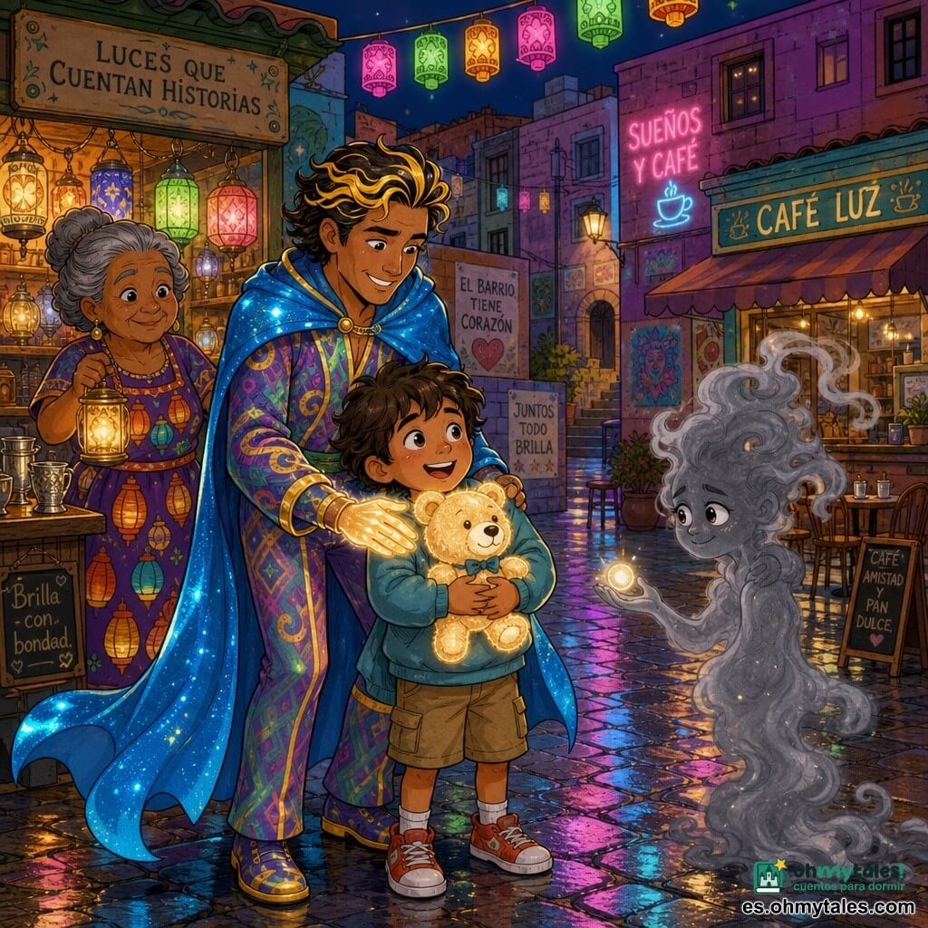 Un hombre, Ario, sonriente y decidido, con mechones dorados y capa azul brillante, posa una mano luminosa sobre un pequeño oso de peluche para devolverle su luz en actitud protectora; un niño de unos 6 años, con cabello castaño despeinado, abraza el oso feliz junto a Ario; la señora Mira, anciana con moño gris y vestido con motivos de faroles, sostiene un pequeño farol aliviado y sonríe junto a un puesto de lámparas; Silencio Breve, figura de humo gris con ojos tímidos, se disipa en volutas pero ofrece una pequeña luz mostrando reconciliación; todo ocurre en una plaza de barrio neón de noche, pavimentos mojados que reflejan neones rosas, verdes y azules, vitrinas luminosas, guirnaldas de farolillos y una pequeña cafetería; Ario devuelve las luces tras un corte y calma a Silencio Breve, ambiente cálido, colores saturados y contrastes luminosos con gestos solidarios y expresiones claras.