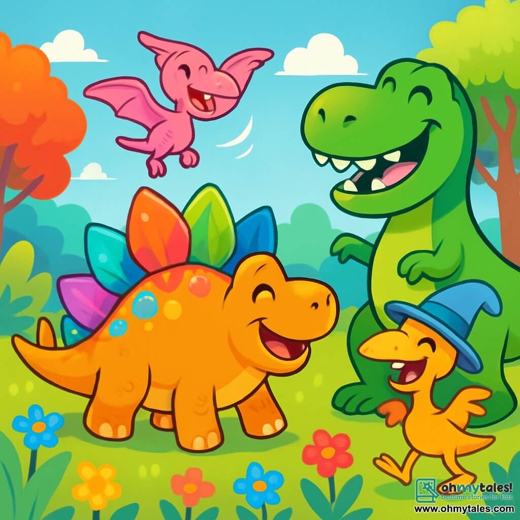 A stegosaurus named Spike, with shiny, colorful plates on his back, stands joyfully at the center of the scene, displaying a big smile and sparkling eyes of excitement. Next to him, a small pterodactyl named Peppy, with pink feathers and translucent wings, flies in circles around him, laughing and flapping her wings enthusiastically. Not far away, a friendly T-Rex, with a bright green body and gleaming white teeth, stands smiling and ready to laugh, his large size contrasting with the other characters. The setting is a sunny clearing filled with colorful flowers shining in the light, surrounded by tall trees with multicolored leaves and a light blue sky dotted with fluffy white clouds. The main scene shows Spike, Peppy, and T-Rex laughing together, while a funny Giggle Snatcher, a dinosaur with wobbly legs and a silly hat, joins them, all sharing laughter and smiles, creating a joyful and friendly atmosphere.