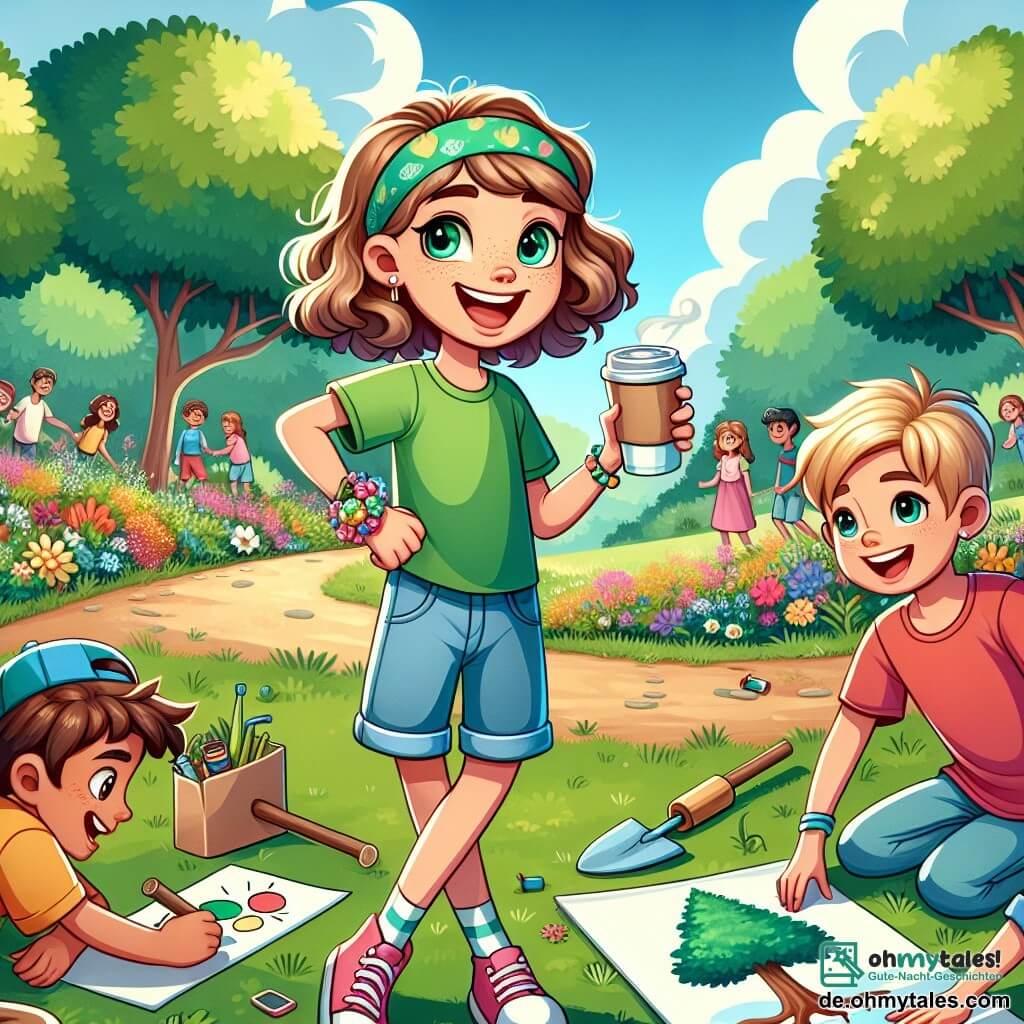 Ein 12-jähriges Mädchen, Lena, mit brünetten Locken trägt ein grünes T-Shirt und eine Jeansshorts. Sie hat ein strahlendes Lächeln und funkelnde Augen, hält einen Pappbecher Kaffee in einer Hand und ein Schild mit der Aufschrift "Schützen wir unseren Park!" in der anderen. Neben ihr steht Tom, ein 12-jähriger Junge mit kurzen blonden Haaren, der eine blaue Mütze und ein rotes T-Shirt trägt, er hält eine Schaufel und schaut Lena bewundernd an. Mia, ein weiteres 12-jähriges Mädchen mit langen glatten Haaren, trägt ein Blumenkleid und zeichnet einen Baum auf ein großes Plakat, während sie auf dem Gras sitzt. Der Ort ist ein grüner Park mit majestätischen Bäumen, bunten Blumen und einem strahlend blauen Himmel. Familien spazieren und Kinder spielen in der Ferne, während sich eine Gruppe Jugendlicher um Lena versammelt und aufmerksam ihren Ideen lauscht. Die Hauptsituation zeigt Lena und ihre Freunde, die eine Aufräum- und Baumpflanzaktion organisieren, umgeben von Müllsäcken und begeisterten Jugendlichen, die bereit sind, ihren Teil zum Schutz der Umwelt beizutragen.