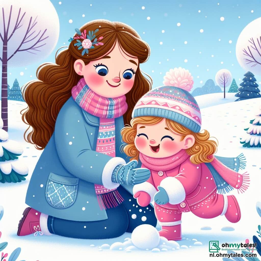 Een meisje van 1 jaar met roze wangen en krullend blond haar glimlacht vrolijk terwijl ze in de sneeuw speelt. Ze draagt een felroze winteroverall met witte wanten en een pomponmuts. Naast haar kijkt haar moeder, een vrouw van ongeveer 30 jaar met lang bruin haar, met een tedere glimlach toe. Ze draagt een blauwe jas en een kleurrijke sjaal, terwijl ze bij een met sneeuw bedekte boom staat. Het landschap is een prachtig winterpark met besneeuwde bomen, sneeuwvlokken die zachtjes uit de heldere blauwe lucht vallen, en witte heuvels die zich zover het oog reikt uitstrekken. Het meisje is sneeuw aan het verzamelen om een sneeuwbal te maken, lachend terwijl ze deze de lucht in gooit, verwonderd door de magie van de winter.
