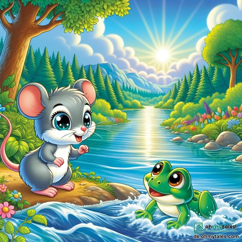 Eine kleine Maus namens Mimi, mit weichem grauem Fell und großen, neugierigen Augen, steht am Ufer eines schimmernden großen Flusses. Sie sieht aufgeregt und ein wenig nervös aus, während sie das schnell fließende Wasser betrachtet. Neben ihr ist ein netter kleiner Frosch namens Fred, mit glänzend grüner Haut und runden Augen, der bereit ist, ihr zu helfen. Fred hüpft fröhlich und ist bereit, Mimi auf seinem Rücken zu tragen. Die Szenerie zeigt eine wunderschöne Waldlandschaft mit majestätischen Bäumen, leuchtend grünen Blättern, bunten Blumen, die im Wind tanzen, und singenden Vögeln, die auf den Ästen sitzen. Der Himmel ist strahlend blau, mit einigen flauschigen weißen Wolken. Die Hauptsituation zeigt Mimi und Fred, die sich darauf vorbereiten, gemeinsam den Fluss zu überqueren, was Freundschaft und gegenseitige Hilfe in ihrem Abenteuer symbolisiert.