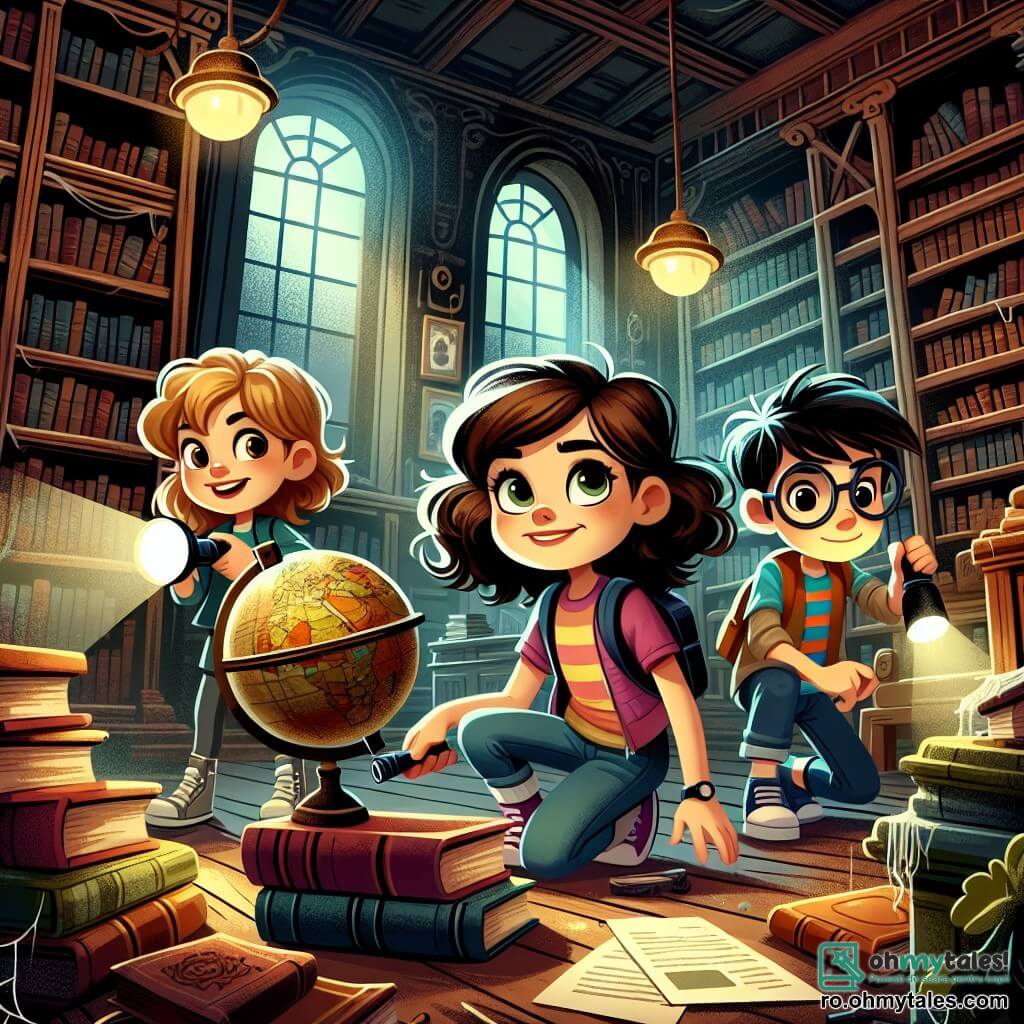 Clara, o fată de 12 ani cu păr castaniu creț și ochi strălucitori de curiozitate, stă într-o bibliotecă veche, înconjurată de rafturi înalte pline cu cărți acoperite de praf. Are un zâmbet hotărât pe față, ținând o lanternă într-o mână și un glob pământesc vechi în cealaltă, în timp ce cercetează cu atenție locul în căutarea indiciilor. Lângă ea, Alex, un băiat de 12 ani cu ochelari rotunzi și păr blond zburlit, este așezat lângă un pian vechi, examinând o bucată de hârtie misterioasă pe care a găsit-o. Maria, o fată de 11 ani cu păr drept și negru, purtând un tricou colorat, stă lângă o fereastră, uitându-se afară cu un aer de excitație, pregătită să facă un nou plan de acțiune. Biblioteca este vastă și măreață, cu pereți din lemn închis, rafturi care ajung până la tavan și lumini difuze care creează o atmosferă misterioasă. Pânzele de păianjen din colțuri adaugă o notă de aventură, în timp ce un mare glob pământesc se află în centrul camerei, înconjurat de cărți vechi. Clara și prietenii ei sunt într-o anchetă, căutând indicii pentru a rezolva un mister, într-o atmosferă de suspans, cu umbre dansând în jurul lor, descoperind secrete ascunse în colțurile bibliotecii.