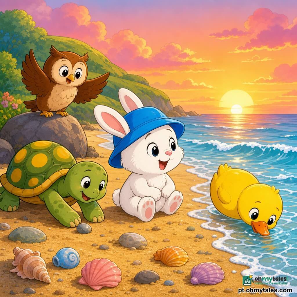 O personagem principal é um pequeno coelho branco chamado Léo, expressão alegre e maravilhada, com um chapéu azul vivo, sentado na areia olhando o mar; ao lado, uma tartaruga calma e robusta de carapaça verde com manchas amarelas que sorri e empurra uma pedrinha com a pata; uma coruja-guia marrom de grandes olhos suaves pousada num rochedo, asas ligeiramente abertas indicando o caminho; à direita de Léo, um pato amarelo arredondado, penas brilhantes, mexendo o bico na água; a praia tem areia dourada, pequenas ondas azul-claro e conchas coloridas, com uma colina verde ao fundo; a cena ocorre ao pôr do sol com cores quentes alaranjadas e rosadas, ambiente doce e seguro.