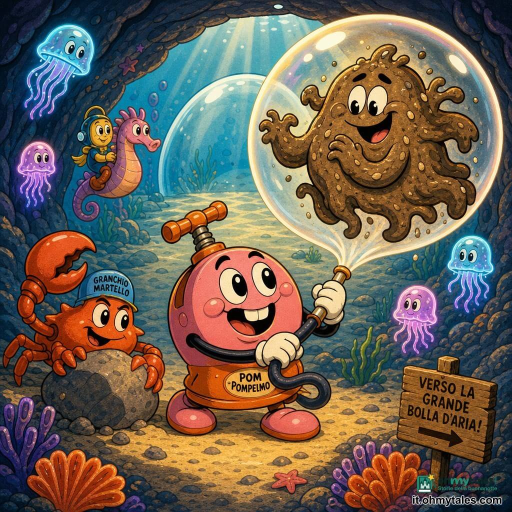 Personaggio principale: Pom Pompelmo, piccola pompa d'aria antropomorfa, rotonda e paffuta, colori pastello rosa e arancio, grandi occhi lucidi e sorriso cartoon, tiene una valvola e soffia una grossa bolla luminosa con espressione gioiosa e coraggiosa; secondario: Granchio Martello, granchio robusto con chela a forma di martello, corazza rosso-rame, aspetto amichevole e concentrato, spinge una pietra a sinistra di Pom per liberare il passaggio; secondario: Mostro del Fango, creatura di fango marrone con tentacoli morbidi e granelli di sabbia, occhi dolci e sollevati dalla bolla a destra in segno di gratitudine; altri: piccole meduse luminose e un cavalluccio marino sullo sfondo in neon blu e viola che fluttuano come lanterne; ambientazione: tunnel sottomarino roccioso che conduce a una grande bolla d'aria trasparente, sabbia dorata, coralli arancioni e porpora, raggi di luce filtrati e alghe ondeggianti; situazione: Pom soffia la bolla gigante sotto il Mostro del Fango per liberarlo mentre il Granchio spinge la pietra, composizione centrale, atmosfera calda e cooperativa, colori vivaci e contorni spessi in stile cartoon rétro.