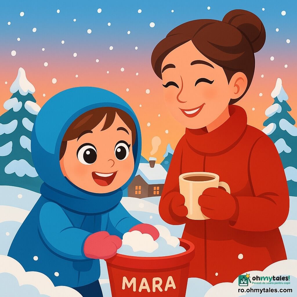 O fetiță de 4 ani, pe nume Mara, cu ochi mari și strălucitori și un zâmbet radiant, poartă o căciulă albastră frumoasă și o eșarfă moale în jurul gâtului. Ea adună zăpadă cu mâinile ei mici și roz, iar fața ei este iluminată de bucurie și excitație. Lângă ea, mama ei, o femeie de aproximativ 30 de ani, cu părul brun prins în coc și un palton roșu aprins, o observă cu un zâmbet blând, ținând o cană de ciocolată caldă în mâini. Decorul este o curte acoperită de zăpadă, unde fulgii de zăpadă cad ușor din cerul albastru deschis, copacii fiind acoperiți cu un strat gros de zăpadă albă, iar în fundal se află o mică casă din lemn cu fum ieșind din coș. Mara și mama ei se joacă împreună, umplând o găleată mare roșie cu zăpadă, creând bulgări de zăpadă și râzând sub fulgii care cad, în timp ce soarele apune, colorând cerul în nuanțe de roz și portocaliu.