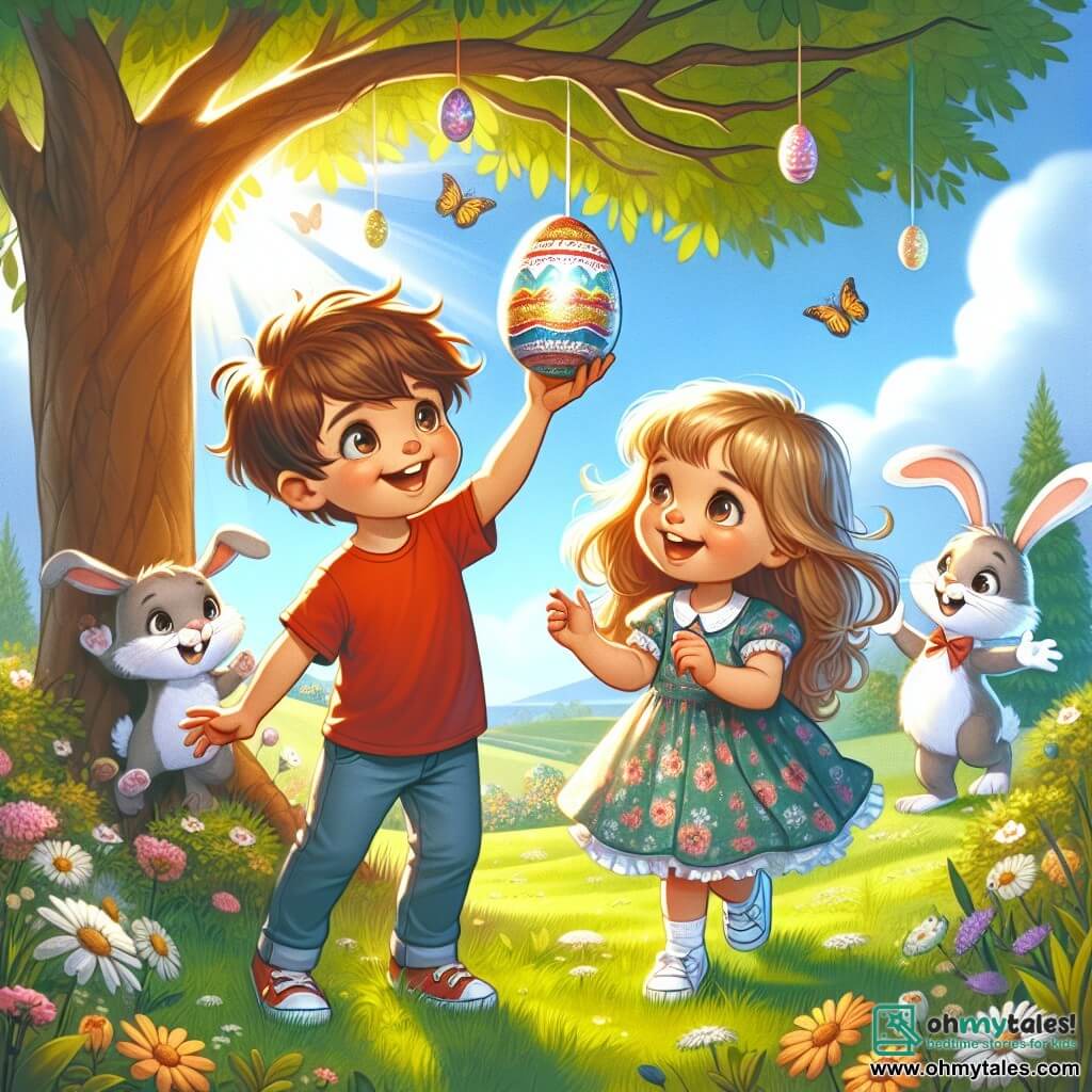 Max, a 6-year-old boy with messy brown hair and a red t-shirt, stands under a large tree with his arms raised in victory, holding a sparkling Easter egg in his hands. Next to him, Lily, a 5-year-old girl with long blonde hair in a blue floral dress, dances joyfully, her eyes sparkling with happiness. Their friend, Mr. Bunny, a rabbit with large white ears and a warm smile, stands slightly back, hands on his hips, watching the children with amusement. The scene takes place in a sunny garden filled with colorful flowers, fluttering butterflies, and vibrant green grass. In the background, a light blue sky with fluffy white clouds adds to the cheerful atmosphere. The children have just discovered the large sparkling Easter egg hanging from a branch, and their expressions of surprise and joy illuminate the picture, capturing the magical spirit of this Easter egg hunt.
