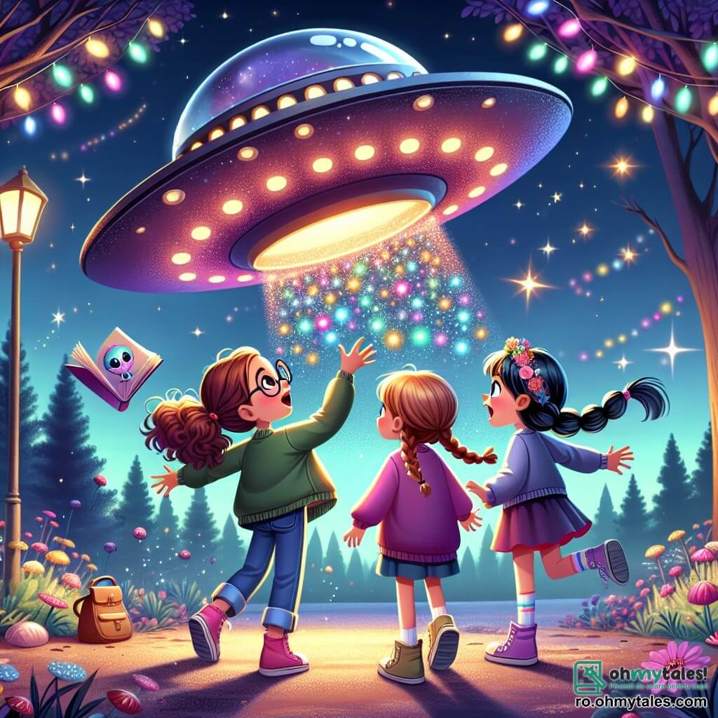 Într-un parc magic sub un cer înstelat, trei fete stau împreună, fețele lor fiind iluminate de lumina strălucitoare a unei farfurii zburătoare. Maria, o fată de 10 ani cu părul castaniu creț și ochelari rotunzi, privește cu uimire farfuria, ochii ei strălucind de curiozitate. Ana, o fată de 9 ani cu părul blond împletit, sare de bucurie, brațele ridicate spre cer, plină de entuziasm. Sofia, o fată de 10 ani cu părul negru drept și o pălărie colorată, ține o carte de povești deschisă, pregătită să împărtășească povești cu noii lor prieteni. Farfuria zburătoare, strălucitoare și colorată, plutește deasupra lor, înconjurată de lumini multicolore care dansează în aer. Scena degajă o atmosferă de magie și aventură, în timp ce fetele se pregătesc să intre în farfurie pentru a-l întâlni pe un extraterestru prietenos numit Zirk, care le așteaptă cu un zâmbet larg.