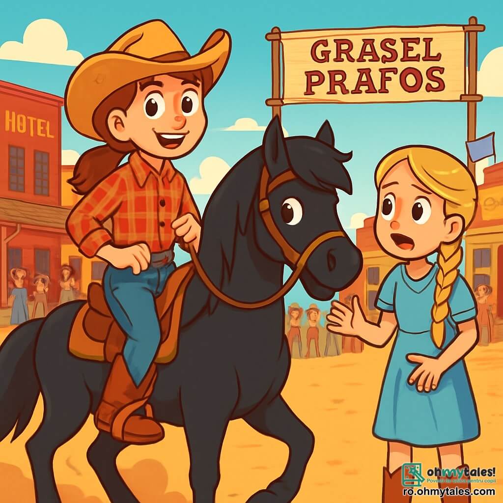 Clara, o cowgirl curajoasă de aproximativ 12 ani, poartă o pălărie de cowboy din paie, o cămașă cu carouri roșii și o pereche de blugi. Are ochii strălucind de determinare și un zâmbet încrezător, în timp ce ține ferm frâiele calului său năzdrăvan, Stea, un mustang negru cu coama strălucitoare. Lângă ea, Mary, o fată de 11 ani cu părul lung blond împletit, o privește pe Clara cu o expresie de îngrijorare pe față. Ea poartă o rochie din bumbac bleu deschis și cizme din piele, gesticulând în timp ce vorbește despre banda de bandiți. Scena se desfășoară în Marele Orășel Prăfos, un sat din Vestul Sălbatic cu clădiri din lemn colorate, steaguri fluturând și praf dansând în soare. Spectatorii se adună în jurul locului central, nerăbdători pentru concursul de rodeo. Clara, pregătită să înfrunte aventura, se pregătește să apere competiția împotriva bandei lui Jake cel Negru, în timp ce Mary o avertizează despre pericolele care le pândesc.