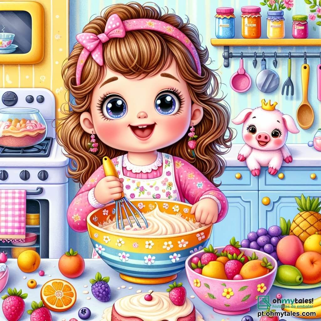 Uma menina de 4 anos, Lila, com grandes olhos brilhantes e cabelos cacheados, está misturando uma massa de bolo em uma grande tigela colorida. Ela usa um avental rosa com estampas de flores e exibe um sorriso largo, cheia de excitação e alegria. Ao seu lado, um travesso porquinho chamado Pipo, um adorável porquinho de pelúcia com orelhas grandes e rosas, observa Lila com curiosidade, pronto para ajudá-la a adicionar frutas à mistura. A cena acontece em uma cozinha iluminada e acolhedora, com paredes amarelas pastel, prateleiras cheias de potes de geleia coloridos e um grande forno ao fundo. Na mesa, frutas frescas como morangos, bananas e uvas estão espalhadas ao redor de um lindo bolo que está assando. Lila, cheia de entusiasmo, está preparando um bolo mágico para o Dia dos Pais, cercada por cores vibrantes e o delicioso aroma que preenche a cozinha.