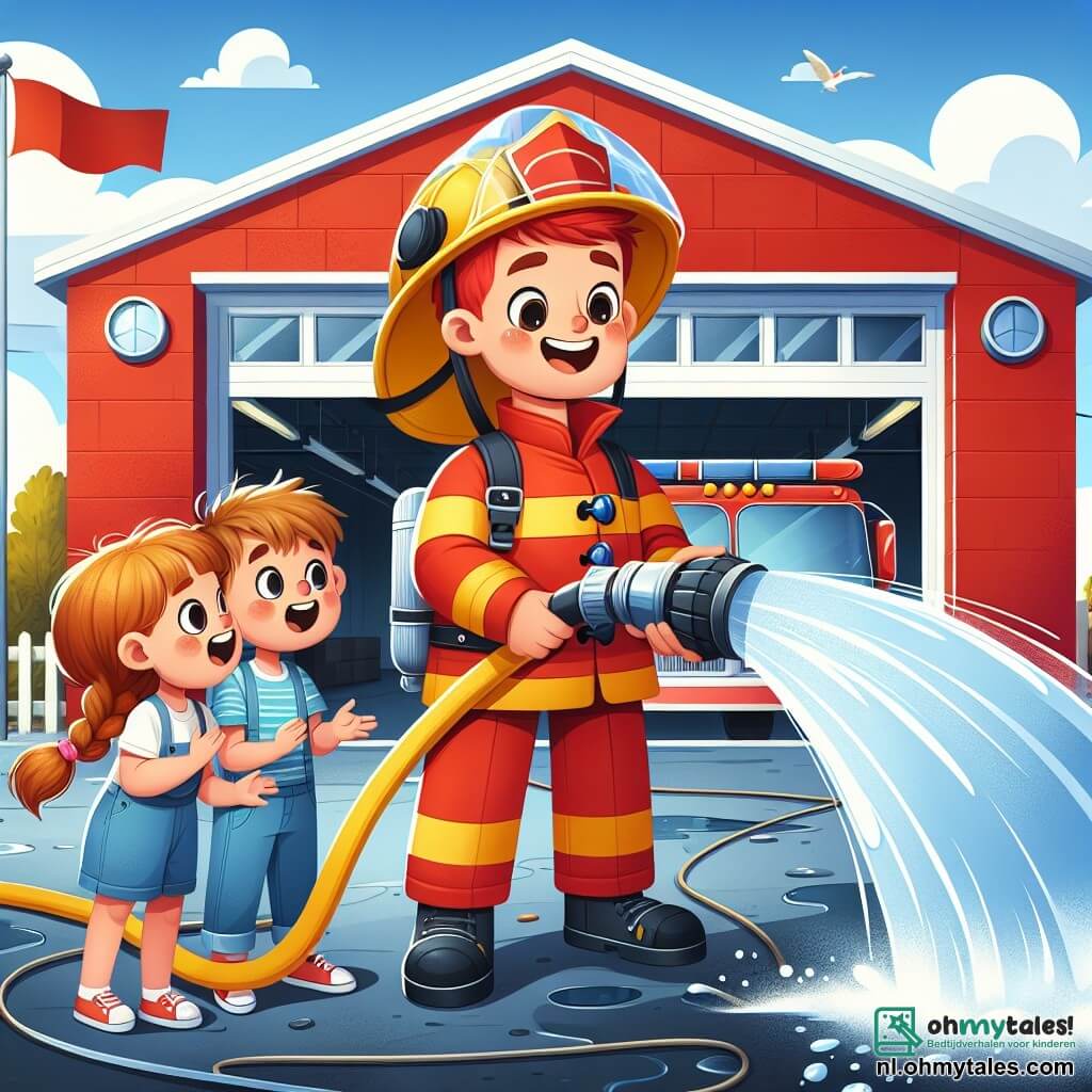 Een glimlachende brandweerman, een man van ongeveer 30 jaar met krullend rood haar, draagt een grote gele helm en een glanzend rood uniform. Hij laat een grote brandslang zien aan de kinderen, zijn gezicht straalt trots en enthousiasme uit. Naast hem staat een 8-jarig meisje met bruine vlechten en een blauwe t-shirt, die haar armen omhoog steekt en lacht, totaal verwonderd door de waterstraal die uit de slang komt. Een 7-jarig jongetje met messy blond haar kijkt met grote ogen toe, terwijl hij een te grote brandweerhelm vasthoudt, klaar om het op te zetten. De scène speelt zich af voor een grote brandweerkazerne, felrood geschilderd, met wapperende vlaggen en een grote open garagepoort, die een glanzende brandweerwagen onthult. De lucht is blauw en zonnig, en groene bomen omringen het gebouw, wat een vleugje natuur aan de omgeving toevoegt. De hoofdactiviteit toont de brandweerman die de kinderen leert hoe ze de brandslang moeten gebruiken, terwijl het water vrolijk om hen heen spettert, wat een sfeer van vreugde en leren creëert.