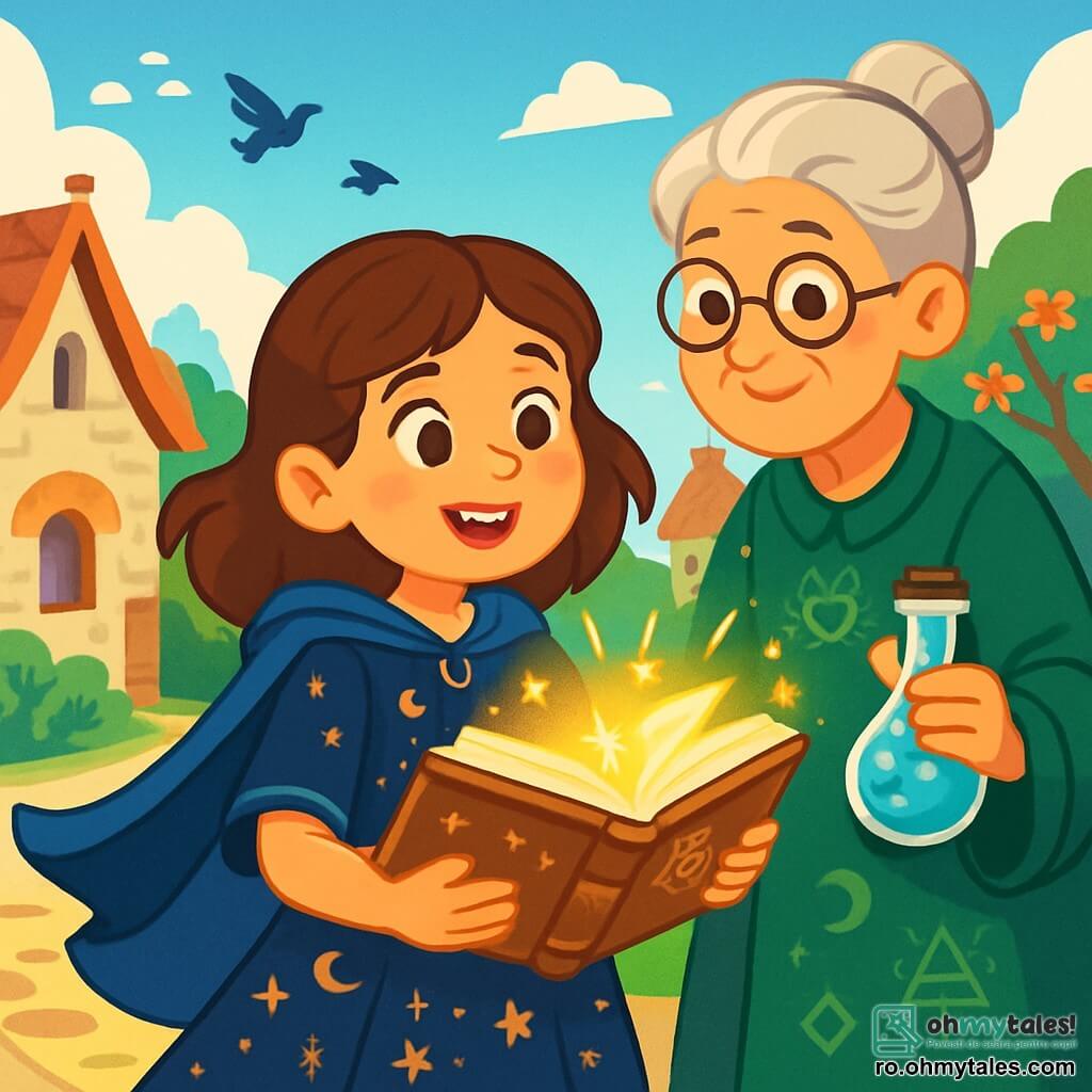 O tânără pe nume Isabella, în vârstă de aproximativ 12 ani, stă în centrul imaginii, cu ochii strălucind de uimire și un zâmbet curios pe față. Ea poartă o rochie din catifea albastră închisă, împodobită cu motive aurii, și o pelerină ușoară care flutură în jurul ei, dezvăluind părul ei castaniu ondulat. În mână, ține o carte veche cu pagini îngălbenite, din care răzbate o lumina magică. Lângă ea, o femeie în vârstă, vrăjitoarea, de aproximativ 70 de ani, cu părul gri în coc și ochelari rotunzi, o observă pe Isabella cu un zâmbet binevoitor. Ea poartă o rochie din in verde închis, decorată cu simboluri mistice, și ține în mână o sticlă cu o poțiune strălucitoare. În fundal, un sat medieval pitorești se desfășoară, cu case din piatră cu acoperișuri din stuf, străzi pavate și copaci înfloriți. Cerul este de un albastru strălucitor, presărat cu nori albi pufoși, iar păsările zboară vesele. Scena o arată pe Isabella descoperind puterea magică a cărții vechi, înconjurată de o aură luminoasă, în timp ce vrăjitoarea o încurajează să exploreze misterele magiei.