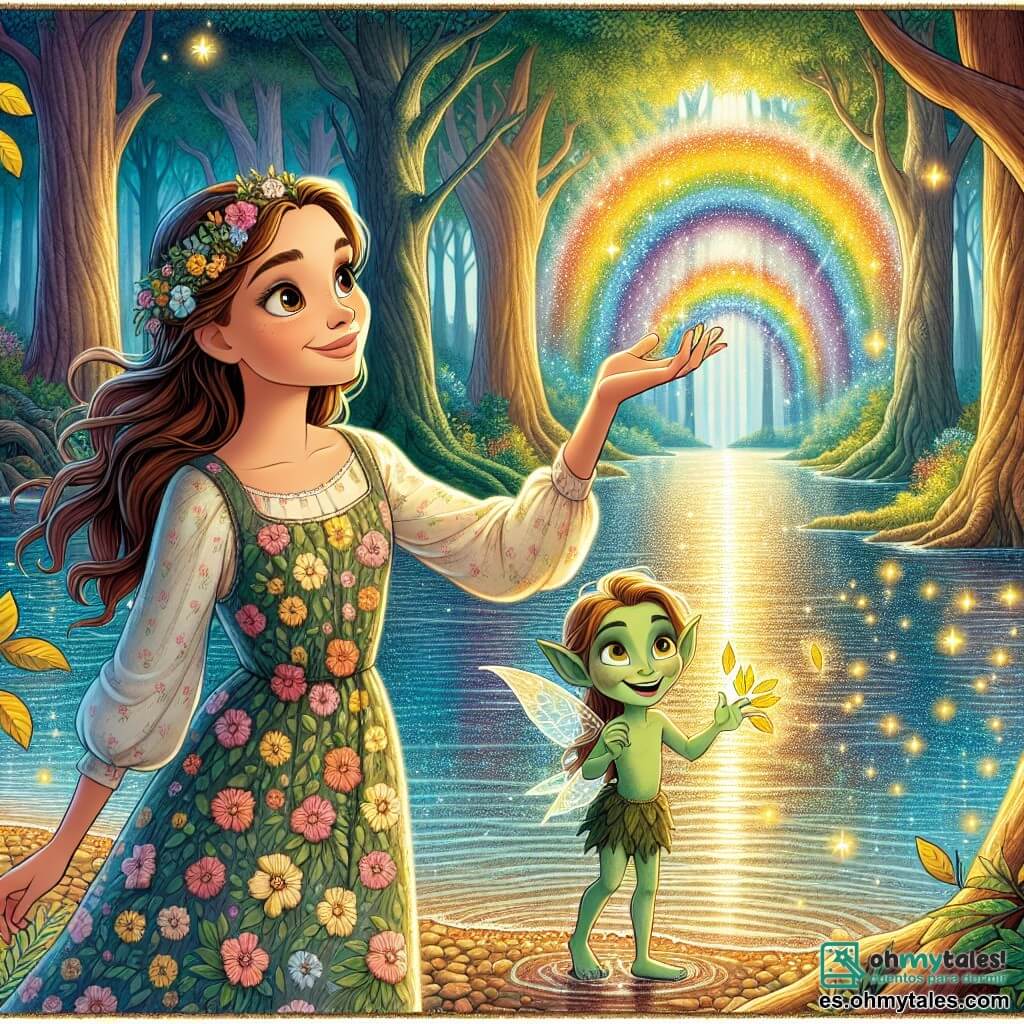 Ana, una mujer de unos treinta años con largos cabellos castaños y ojos llenos de curiosidad, está al borde de un lago brillante, con una sonrisa maravillada en su rostro. Lleva un vestido colorido con flores que danza suavemente con la brisa. A su lado, un pequeño duende travieso, de unos 10 años, con piel verde y orejas puntiagudas, sonríe maliciosamente mientras juega con hojas doradas, observando a Ana con admiración. El lugar es un hermoso bosque encantado, lleno de árboles majestuosos con troncos gruesos y hojas de colores vibrantes, mientras que los rayos de sol atraviesan el follaje, creando destellos de luz en el agua del lago. La escena principal muestra a Ana extendiendo la mano hacia un arcoíris mágico que emerge sobre el lago, con sus colores brillantes reflejándose en el agua, mientras pequeñas estrellas brillan a su alrededor, simbolizando la magia y la esperanza.