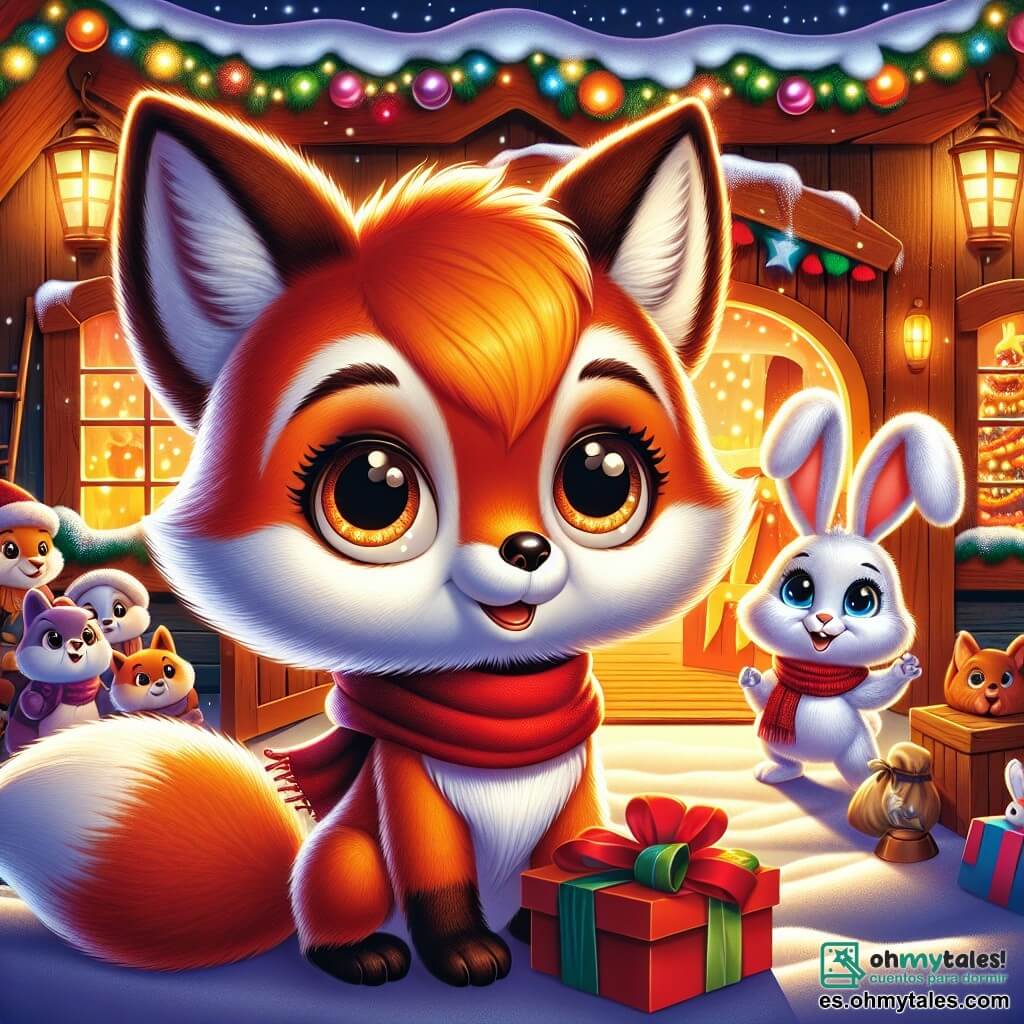 Zorrito, un pequeño zorro de pelaje rojo brillante y ojos chispeantes de curiosidad, se encuentra frente a la puerta del cálido taller de Papá Noel, mostrando una expresión de emoción y anticipación. A su lado, Conejito, un adorable conejo de grandes orejas y pelaje blanco, mira con asombro, su rostro radiante de alegría y entusiasmo. El taller es un lugar mágico, iluminado por guirnaldas centelleantes, con juguetes coloridos esparcidos por doquier, copos de nieve cayendo suavemente afuera, y un gran árbol de Navidad decorado en el centro, creando una atmósfera festiva y acogedora. Zorrito y Conejito están a punto de entregar una carta a Papá Noel, un momento crucial donde la amistad y la magia de la Navidad se encuentran, llenando el aire de una suave melodía de alegría y esperanza.