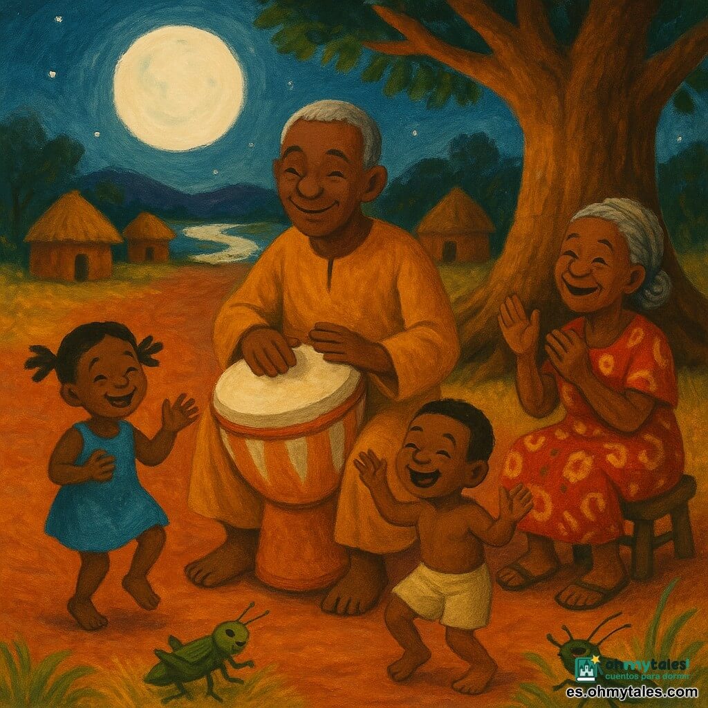 Bamba, hombre sonriente y sereno de piel oscura, cabello corto entrecano y túnica ocre, toca suavemente un gran tambor redondo pintado en nácar blanco y cobre; a su izquierda, Nana, abuela de unos 70 años de piel curtida y trenzas grises, vestida con un pagne rojo y amarillo, aplaude sentada en un pequeño taburete; dos niños —una niña de 6 años con coletas y vestido azul y un niño de 8 con pelo corto y pantalón corto beige— bailan descalzos sobre la tierra roja con las manos alzadas y risas; un viejo grillo verde oscuro está posado en un mechón de hierba cerca del tambor como si cantara; la escena ocurre de noche en un claro de un pueblo africano junto a un baobab y una ribera que refleja la luna, con chozas de barro y techo de paja, polvo rojo y hierbas amarillas iluminados por la luna, ambiente cálido y colores ocres, rojos y toques plateados.